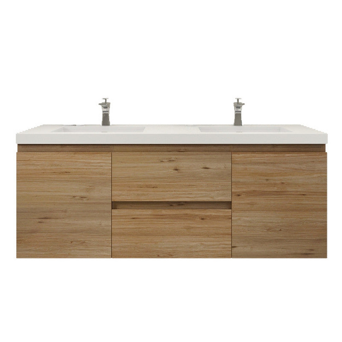 Boho Elegance 60" Nature Oak Wall-Mounted Vanity With Double Reinforced White Acrylic Sinks