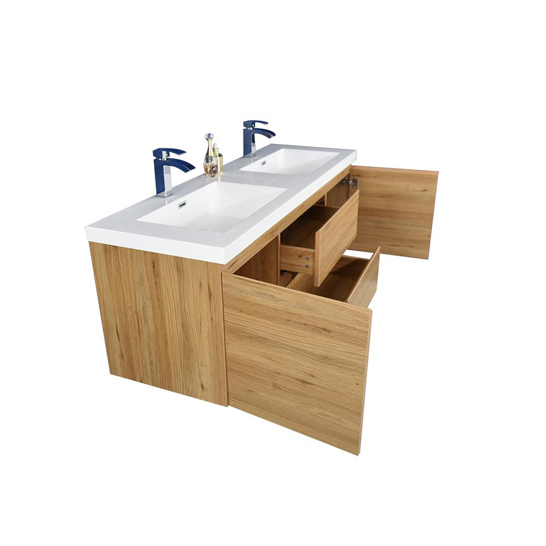 Boho Elegance 60" Nature Oak Wall-Mounted Vanity With Double Reinforced White Acrylic Sinks