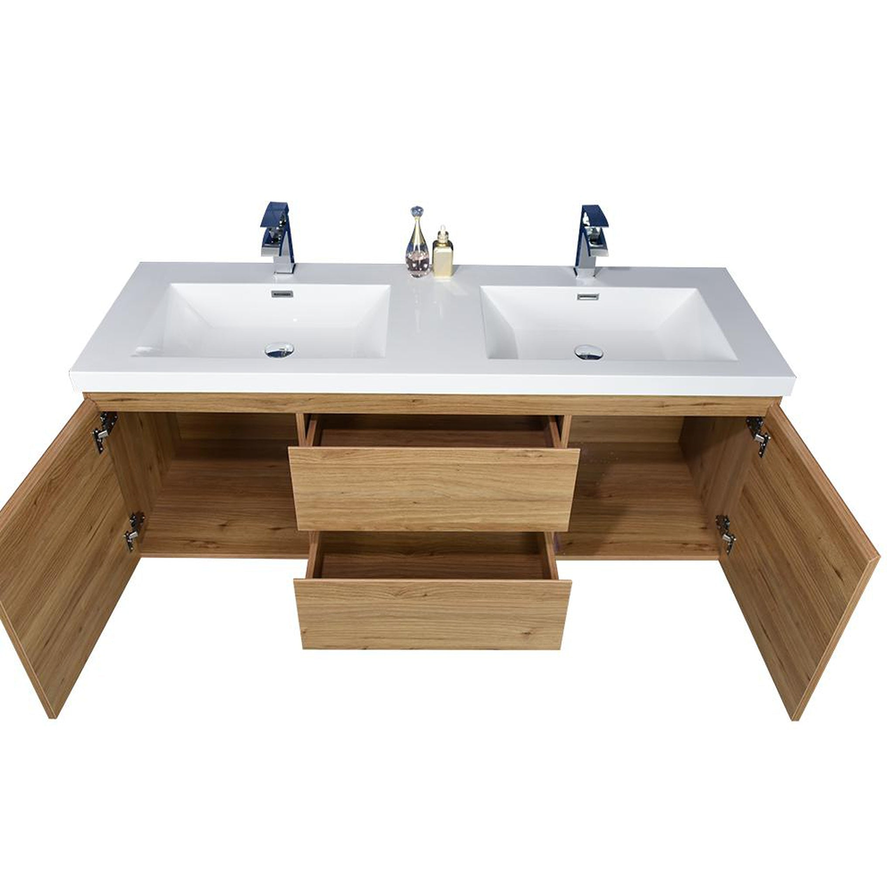 Boho Elegance 60" Nature Oak Wall-Mounted Vanity With Double Reinforced White Acrylic Sinks