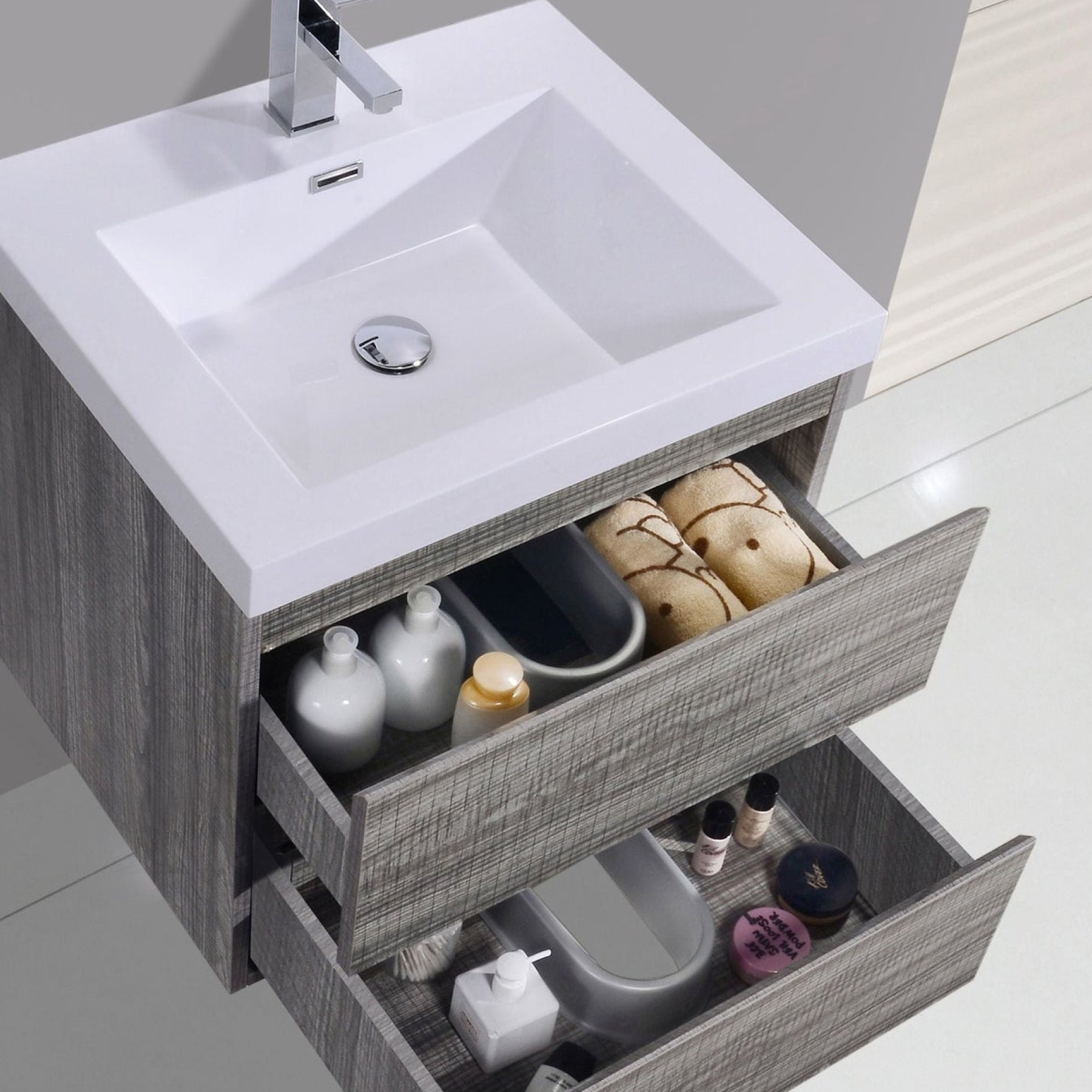 Boho Elegance 24" High Gloss Ash Gray Wall-Mounted Vanity With Single Reinforced White Acrylic Sink