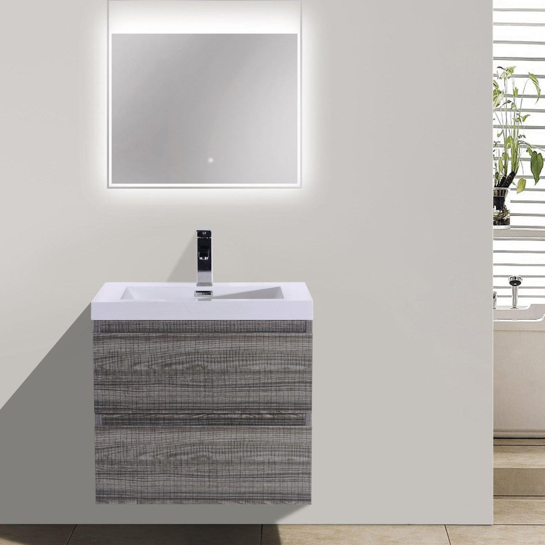 Boho Elegance 24" High Gloss Ash Gray Wall-Mounted Vanity With Single Reinforced White Acrylic Sink