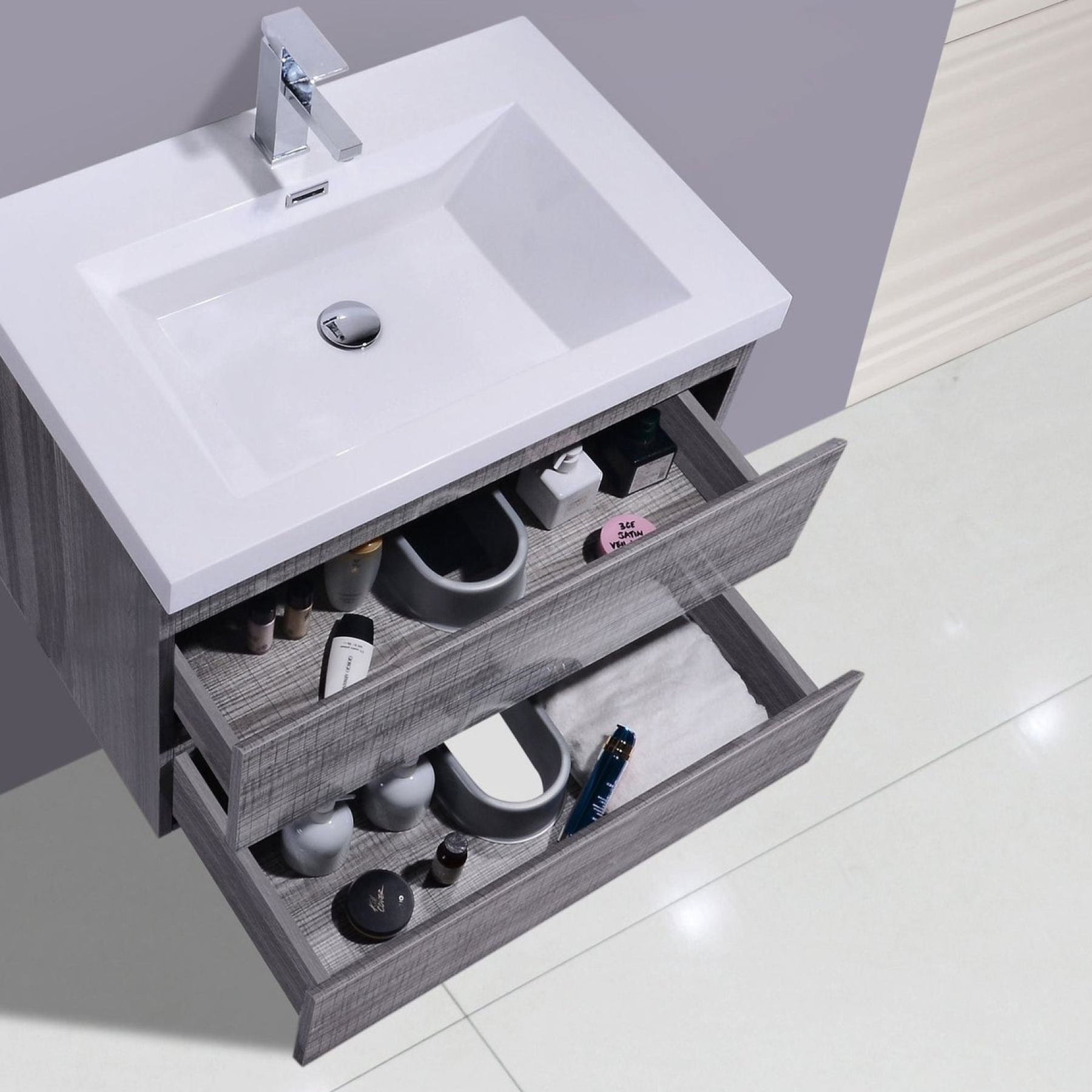 Boho Elegance 30" High Gloss Ash Gray Wall-Mounted Vanity With Single Reinforced White Acrylic Sink