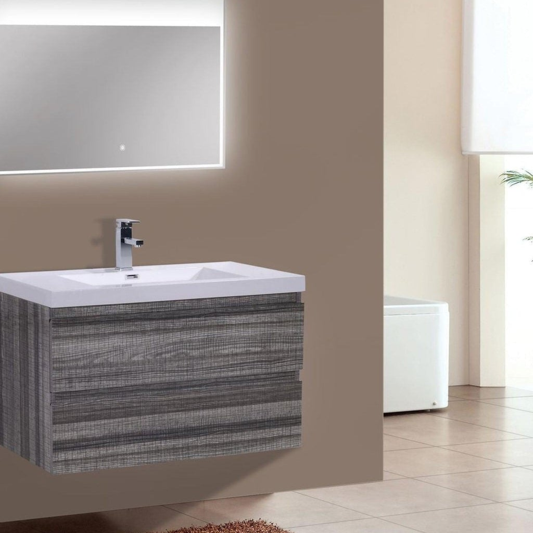 Boho Elegance 36" High Gloss Ash Gray Wall-Mounted Vanity With Single Reinforced White Acrylic Sink