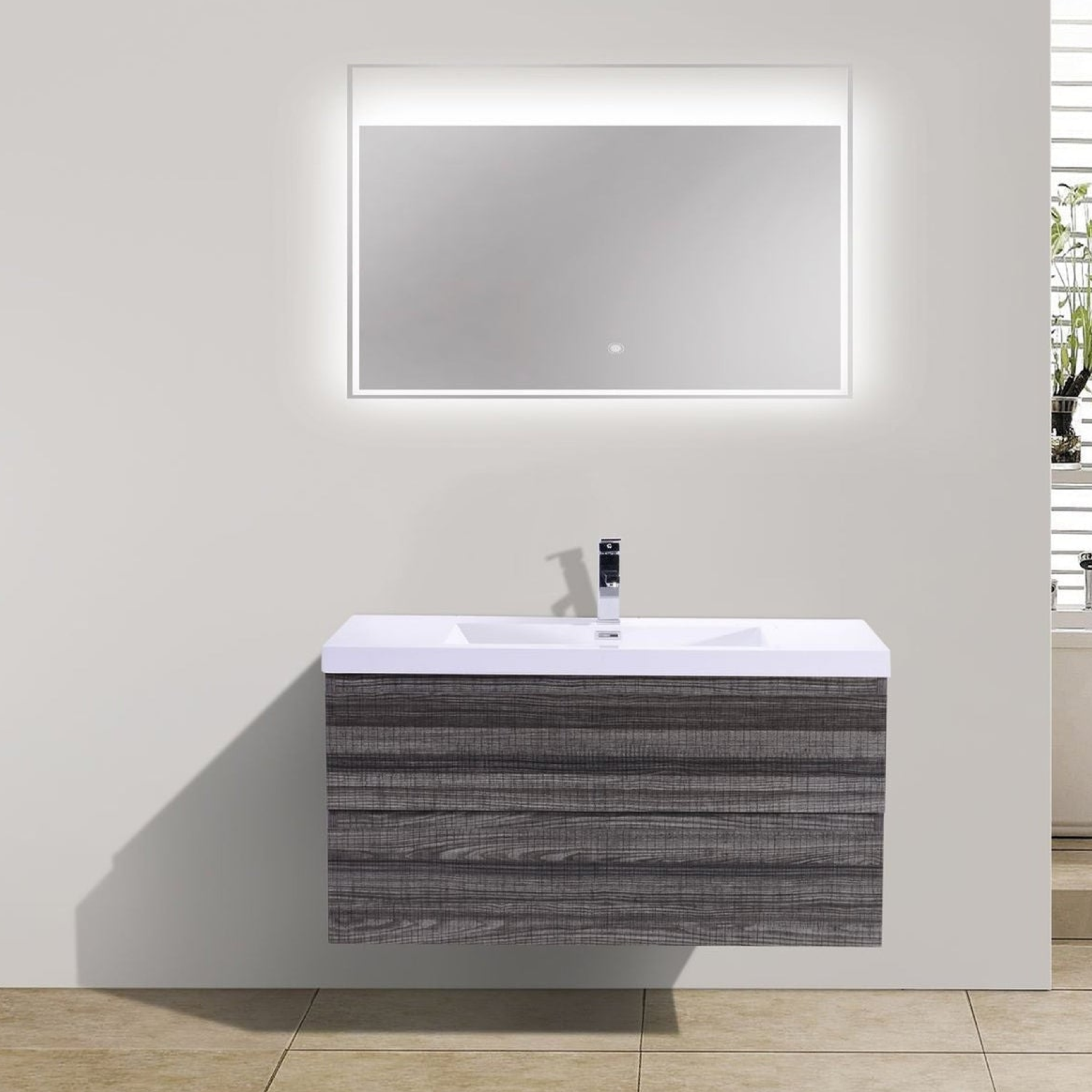 Boho Elegance 42" High Gloss Ash Gray Wall-Mounted Vanity With Single Reinforced White Acrylic Sink