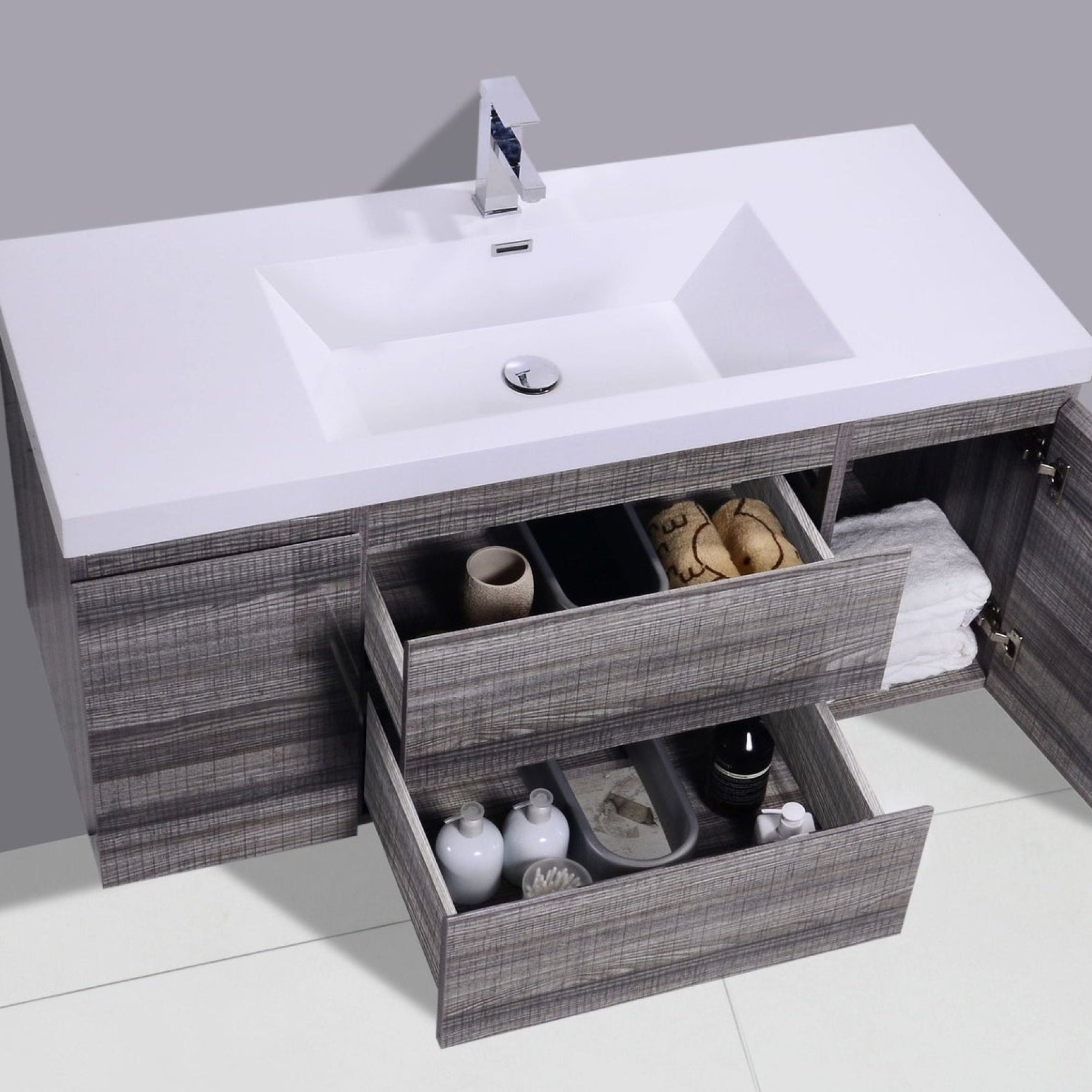 Boho Elegance 48" High Gloss Ash Gray Wall-Mounted Vanity With Single Reinforced White Acrylic Sink