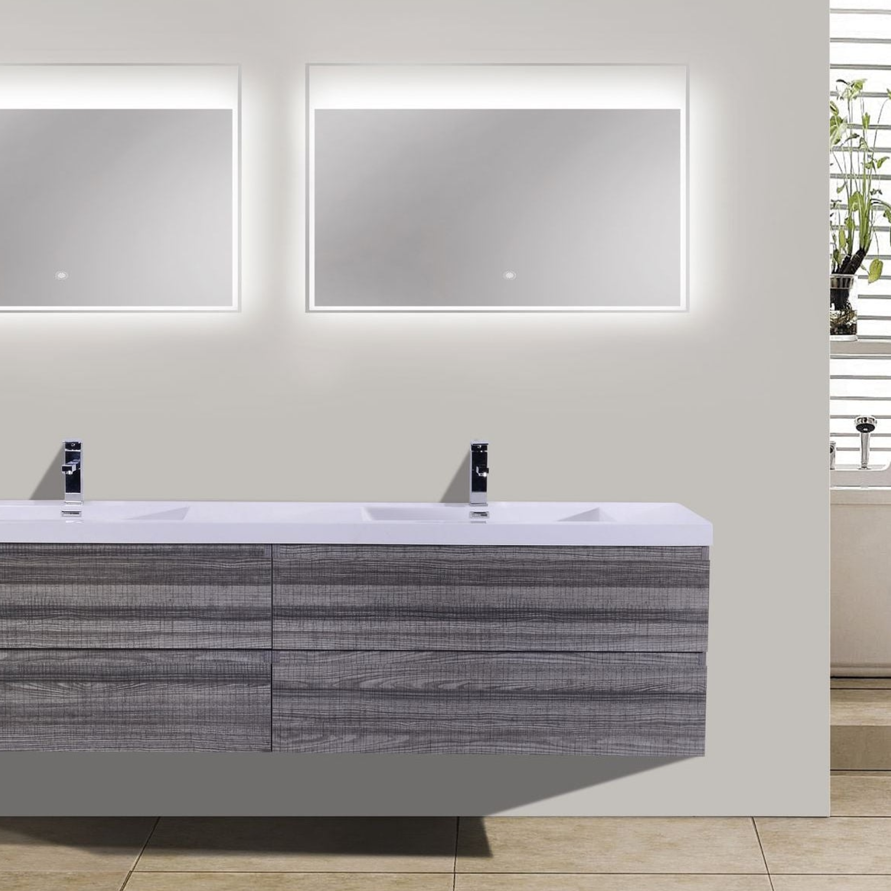 Boho Elegance 84" High Gloss Ash Gray Wall-Mounted Vanity With Double Reinforced White Acrylic Sinks
