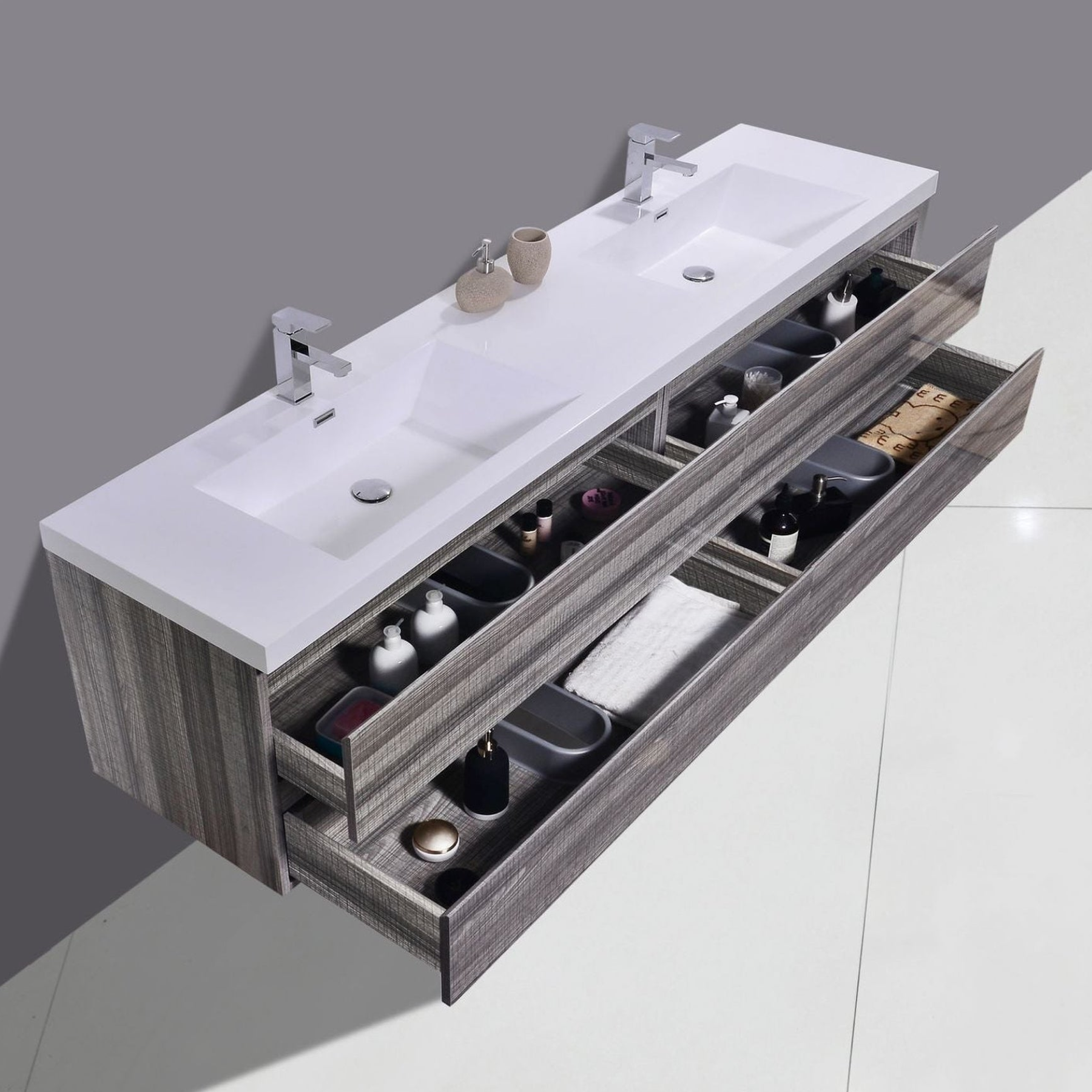 Boho Elegance 84" High Gloss Ash Gray Wall-Mounted Vanity With Double Reinforced White Acrylic Sinks