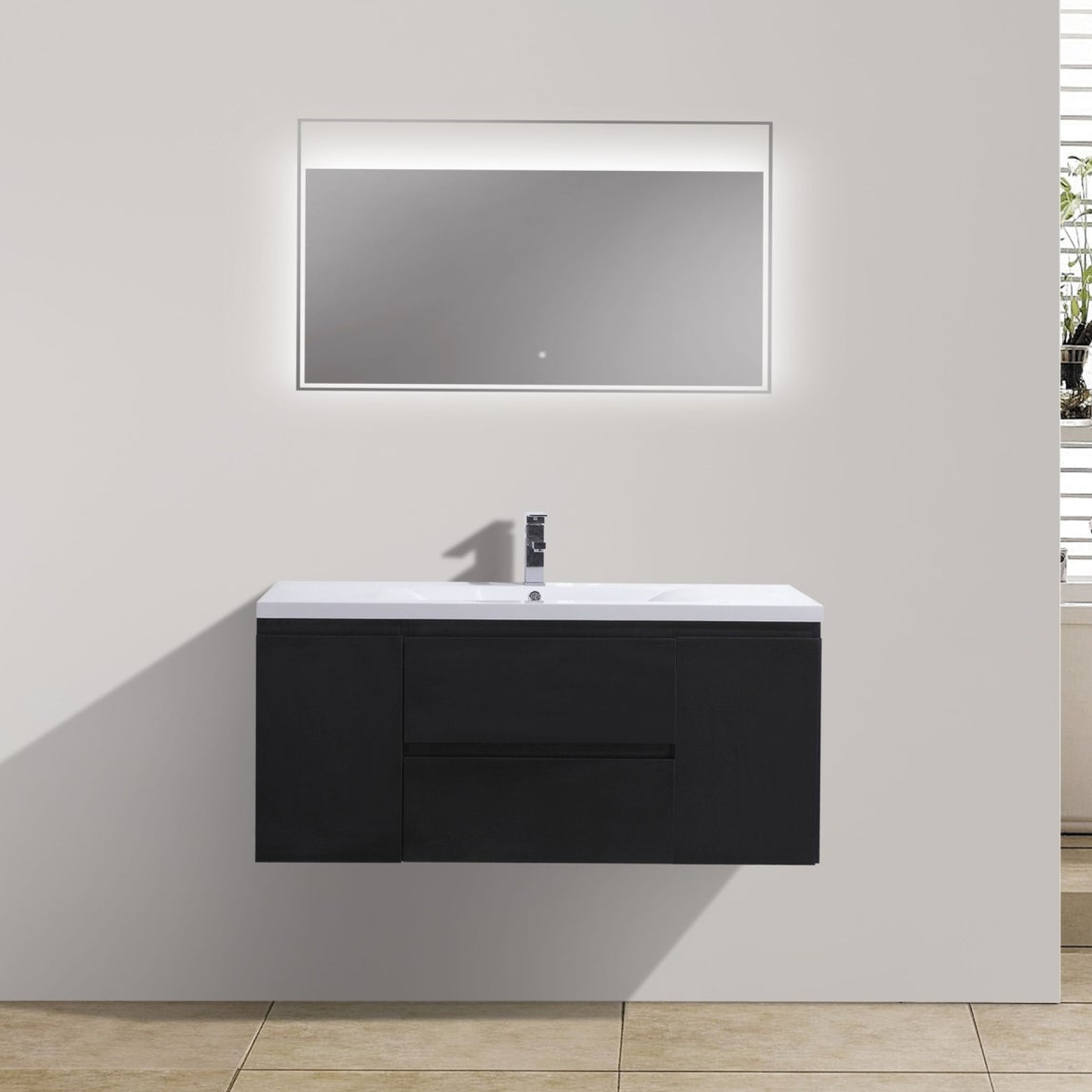 Boho Elegance 48" Rich Black Wall-Mounted Vanity With Single Reinforced White Acrylic Sink