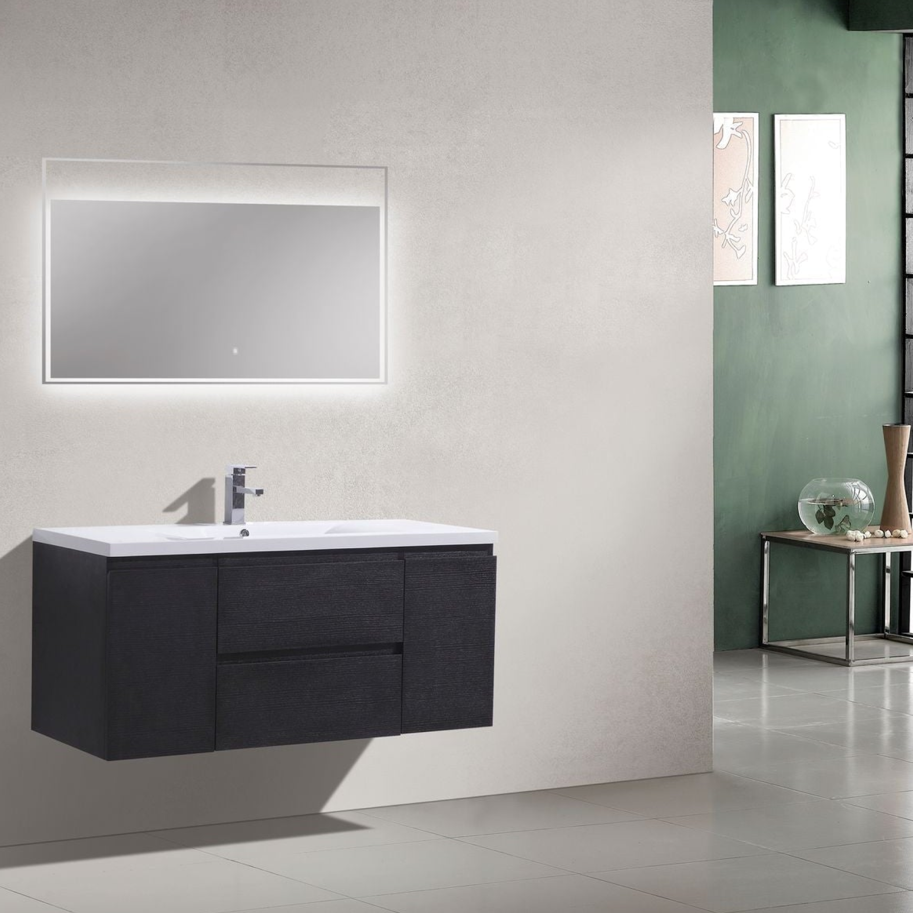 Boho Elegance 48" Rich Black Wall-Mounted Vanity With Single Reinforced White Acrylic Sink