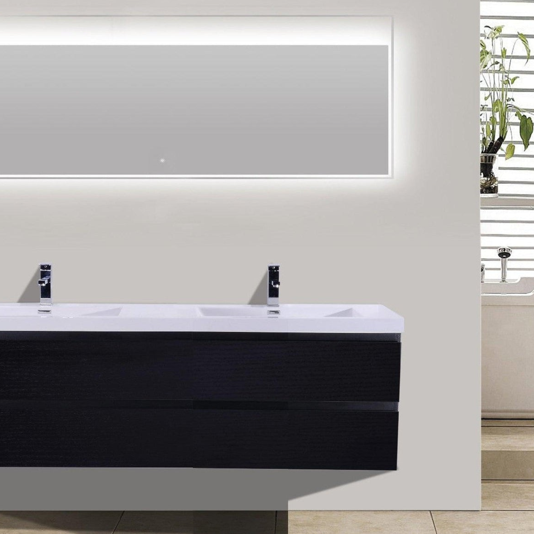 Boho Elegance 72" Rich Black Wall-Mounted Vanity With Double Reinforced White Acrylic Sinks