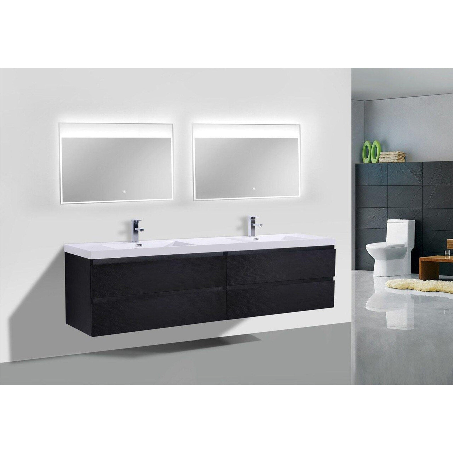 Boho Elegance 72" Rich Black Wall-Mounted Vanity With Double Reinforced White Acrylic Sinks