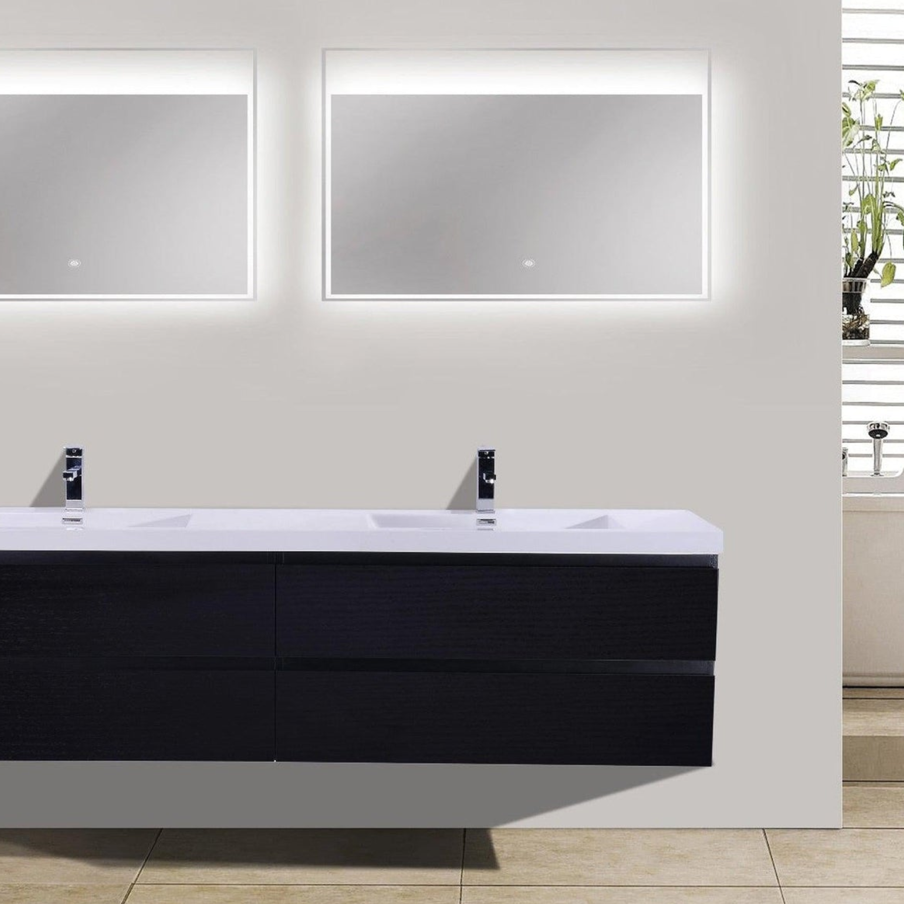 Boho Elegance 84" Rich Black Wall-Mounted Vanity With Double Reinforced White Acrylic Sinks