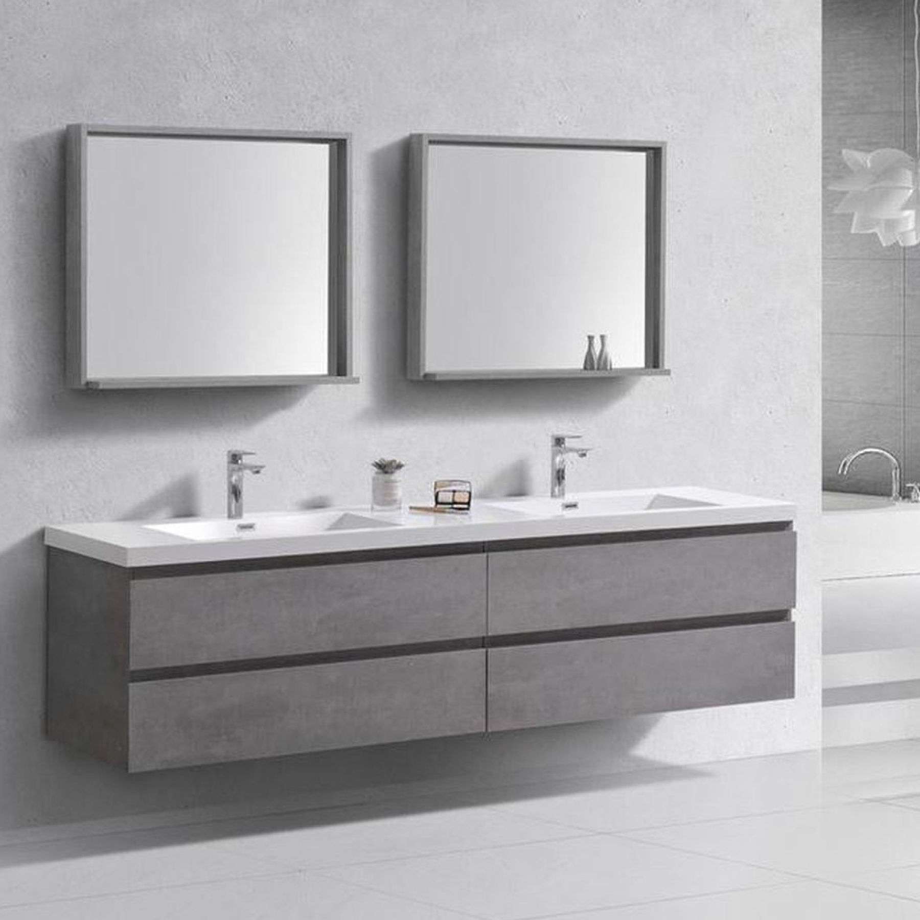 Boho Elegance 84" Cement Gray Wall-Mounted Vanity With Double Reinforced White Acrylic Sinks