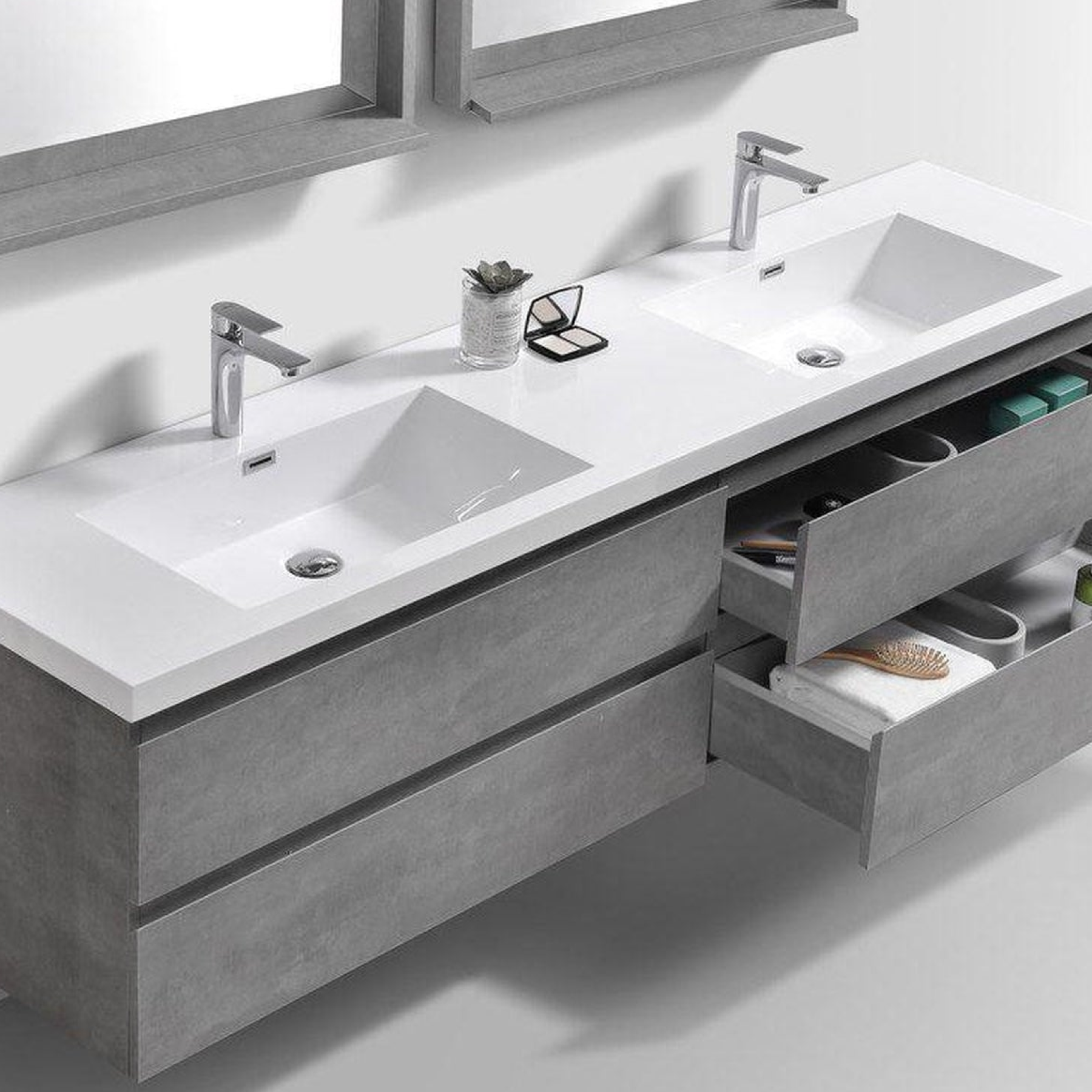 Boho Elegance 84" Cement Gray Wall-Mounted Vanity With Double Reinforced White Acrylic Sinks