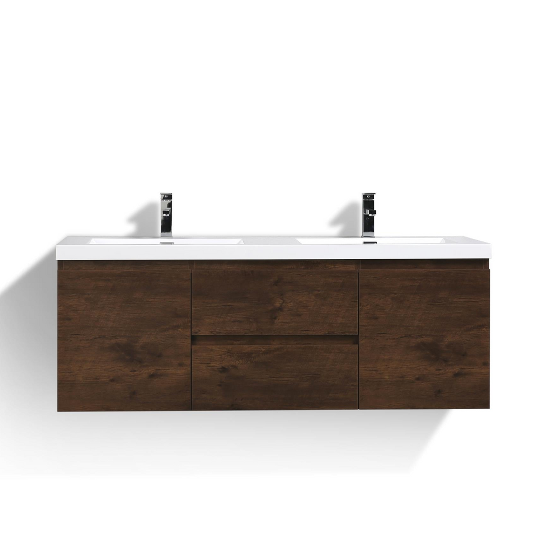 Boho Elegance 60" Rosewood Wall-Mounted Vanity With Double Reinforced White Acrylic Sinks