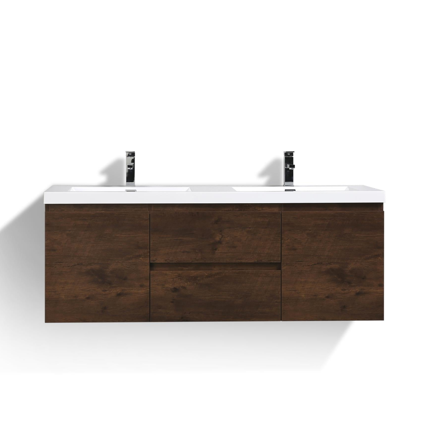 Boho Elegance 60" Rosewood Wall-Mounted Vanity With Double Reinforced White Acrylic Sinks