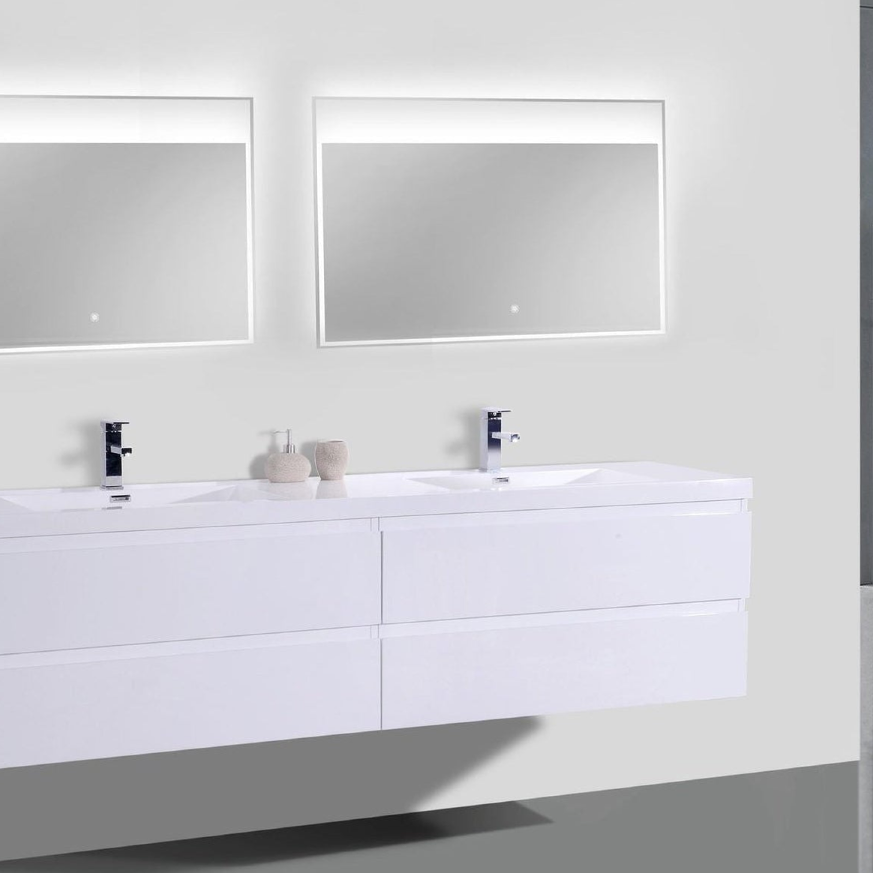 Boho Elegance 84" High Gloss White Wall-Mounted Vanity With Double Reinforced White Acrylic Sinks