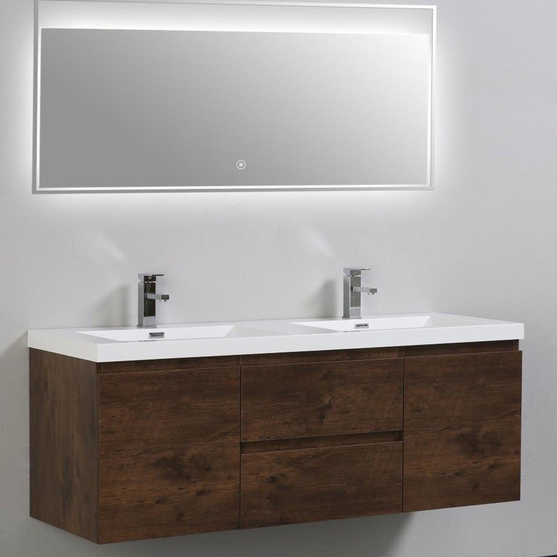 Boho Elegance 60" Rosewood Wall-Mounted Vanity With Double Reinforced White Acrylic Sinks