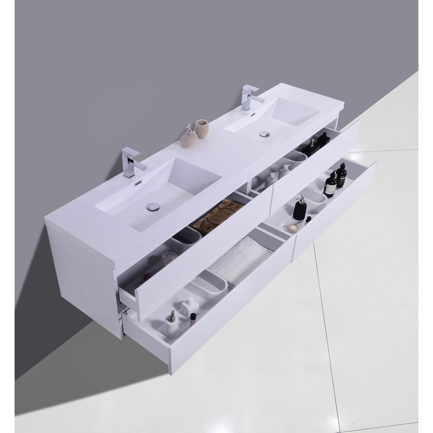 Boho Elegance 84" High Gloss White Wall-Mounted Vanity With Double Reinforced White Acrylic Sinks