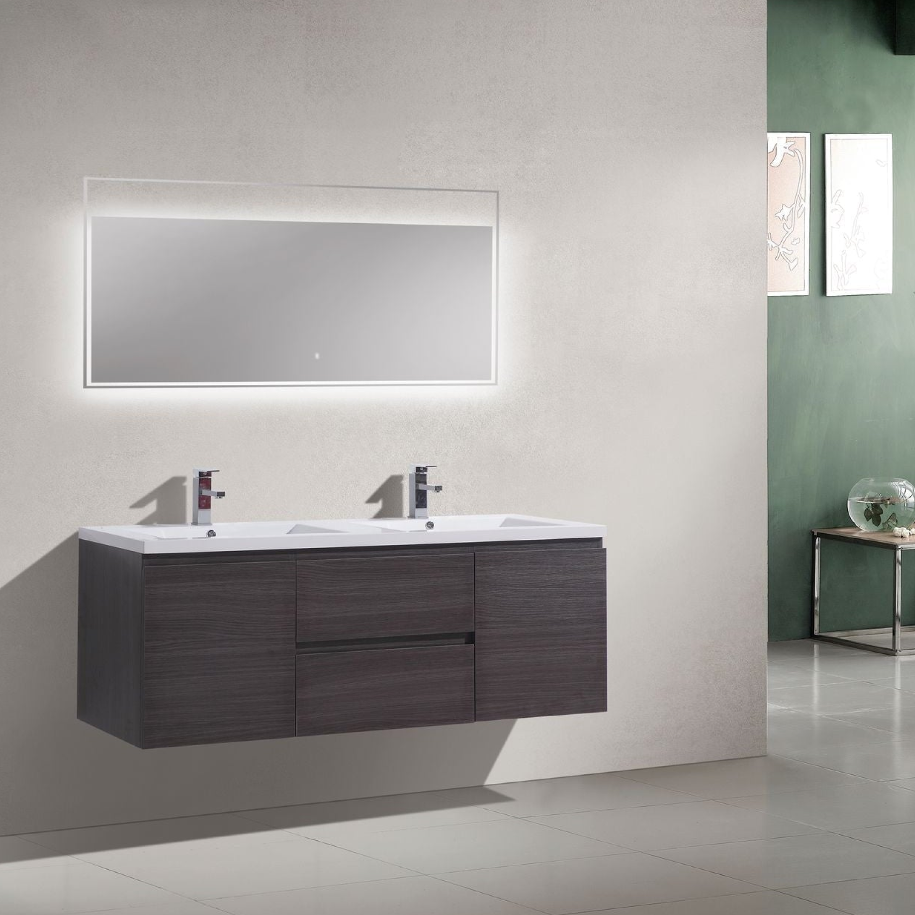 Boho Elegance 60" Dark Gray Oak Wall-Mounted Vanity With Double Reinforced White Acrylic Sinks