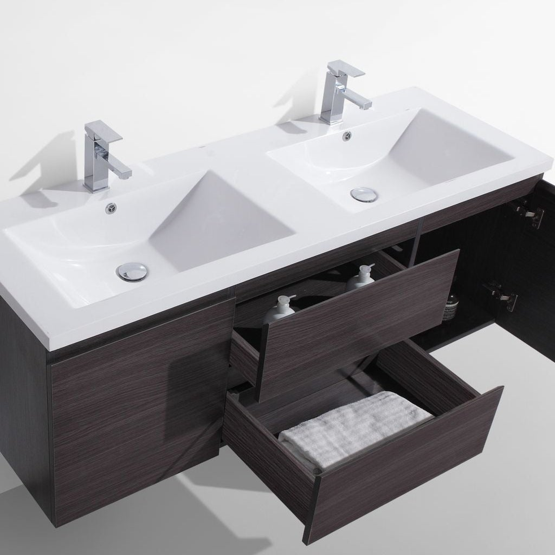 Boho Elegance 60" Dark Gray Oak Wall-Mounted Vanity With Double Reinforced White Acrylic Sinks