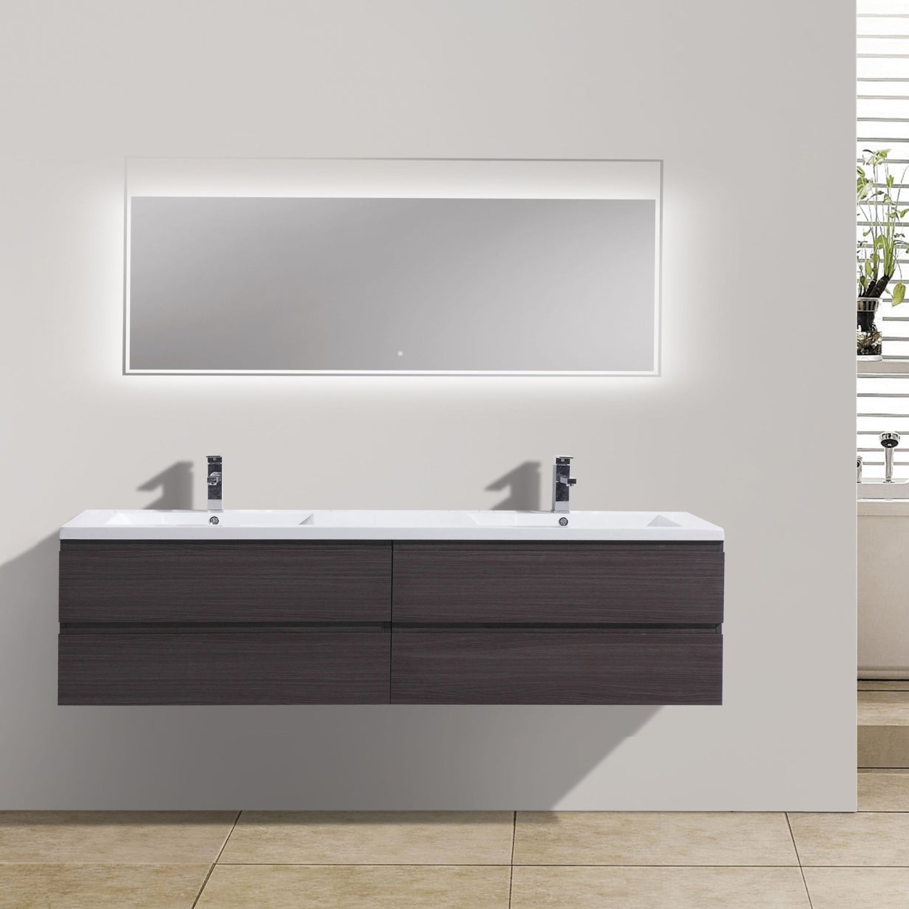 Boho Elegance 84" Dark Gray Oak Wall-Mounted Vanity With Double Reinforced White Acrylic Sinks