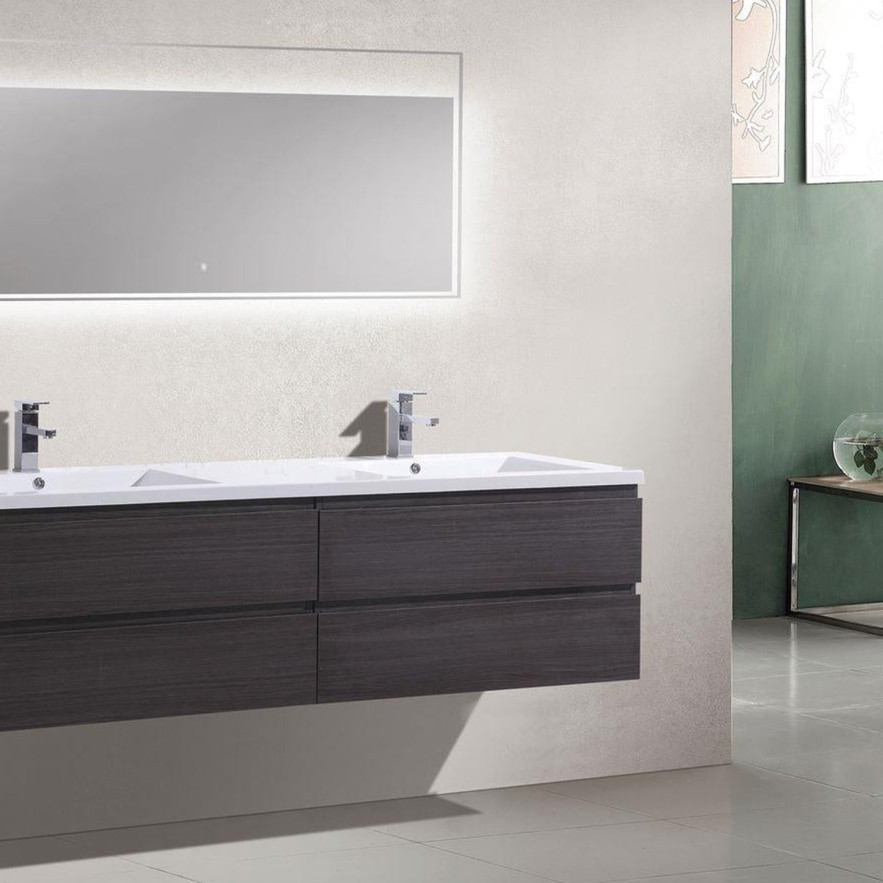 Boho Elegance 84" Dark Gray Oak Wall-Mounted Vanity With Double Reinforced White Acrylic Sinks