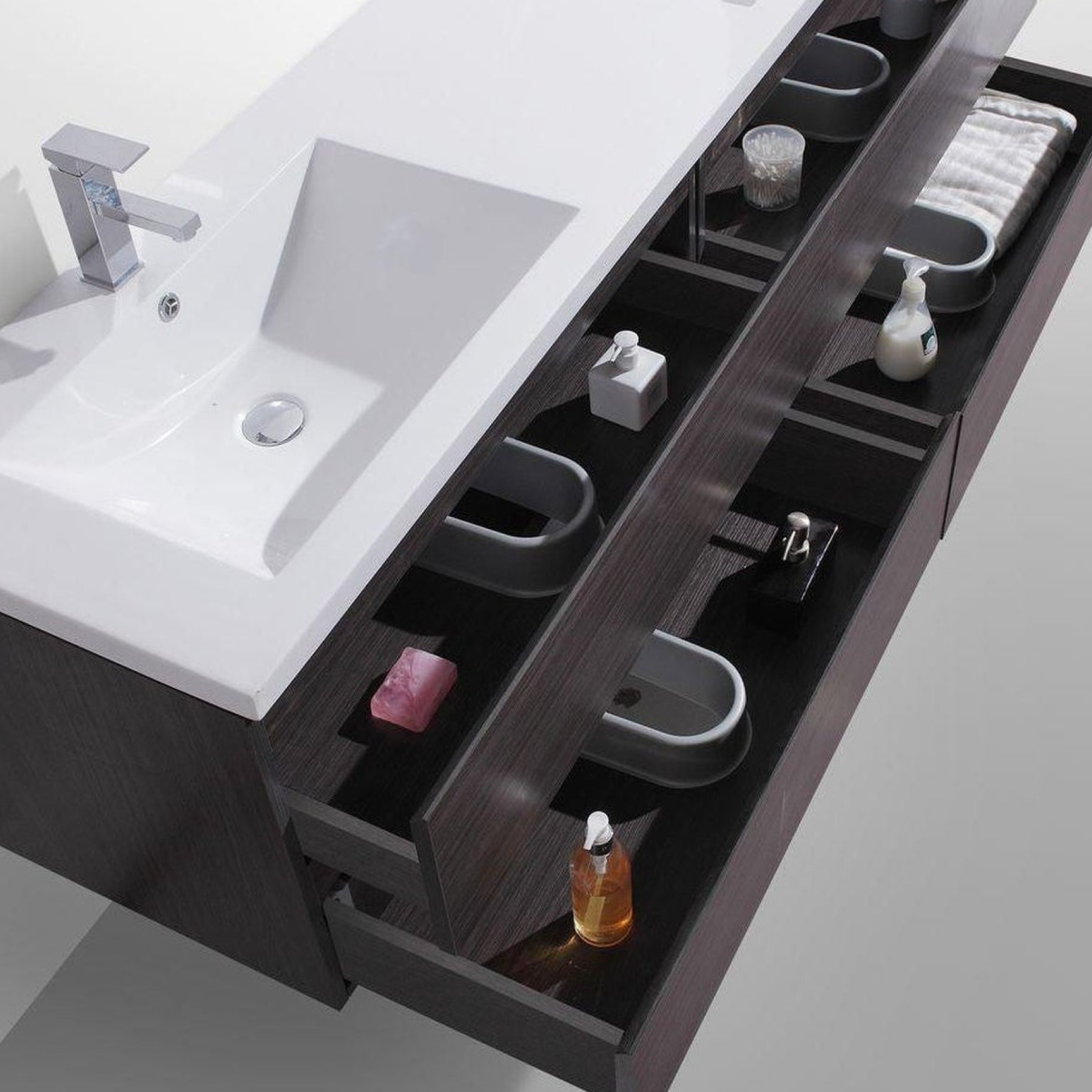 Boho Elegance 84" Dark Gray Oak Wall-Mounted Vanity With Double Reinforced White Acrylic Sinks