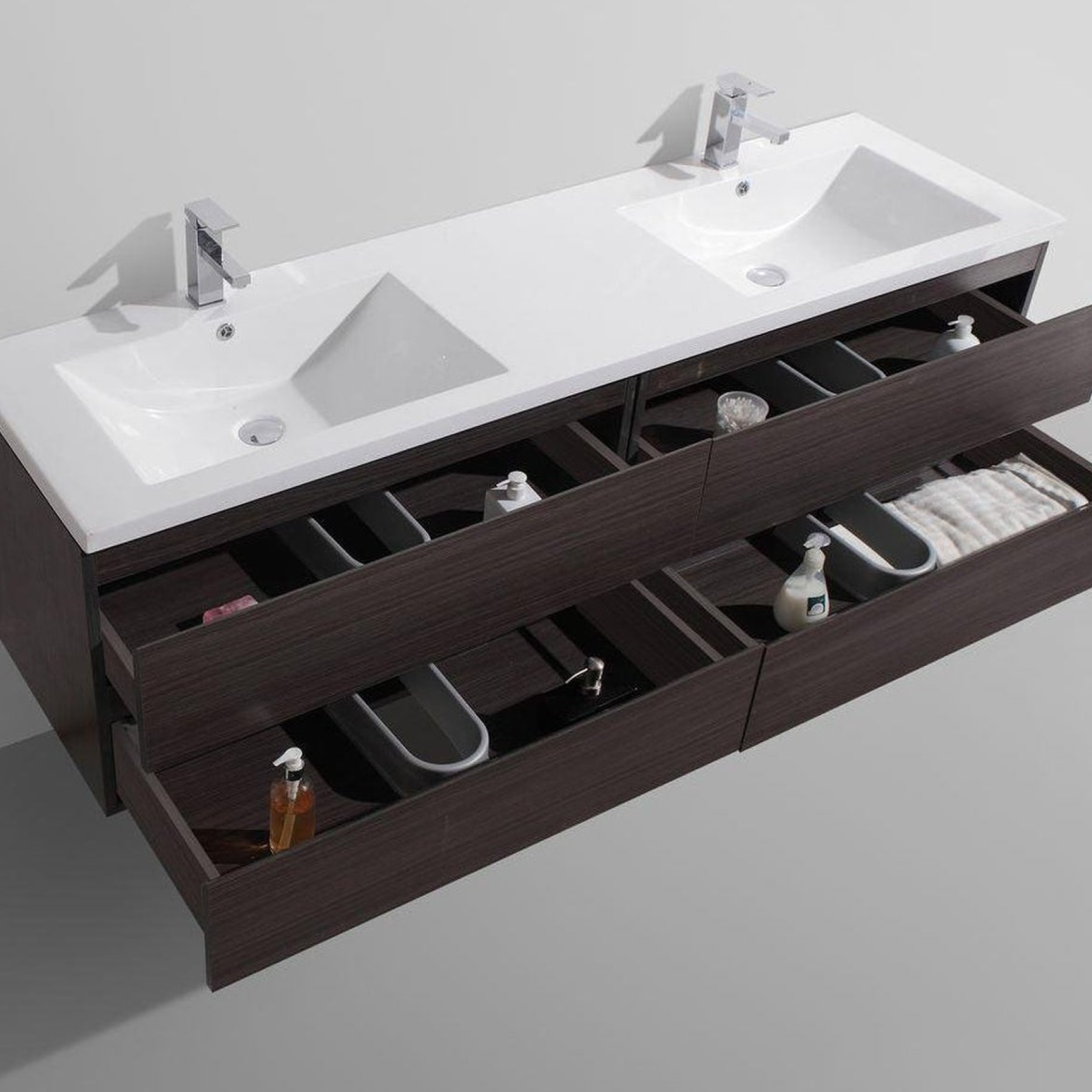 Boho Elegance 84" Dark Gray Oak Wall-Mounted Vanity With Double Reinforced White Acrylic Sinks