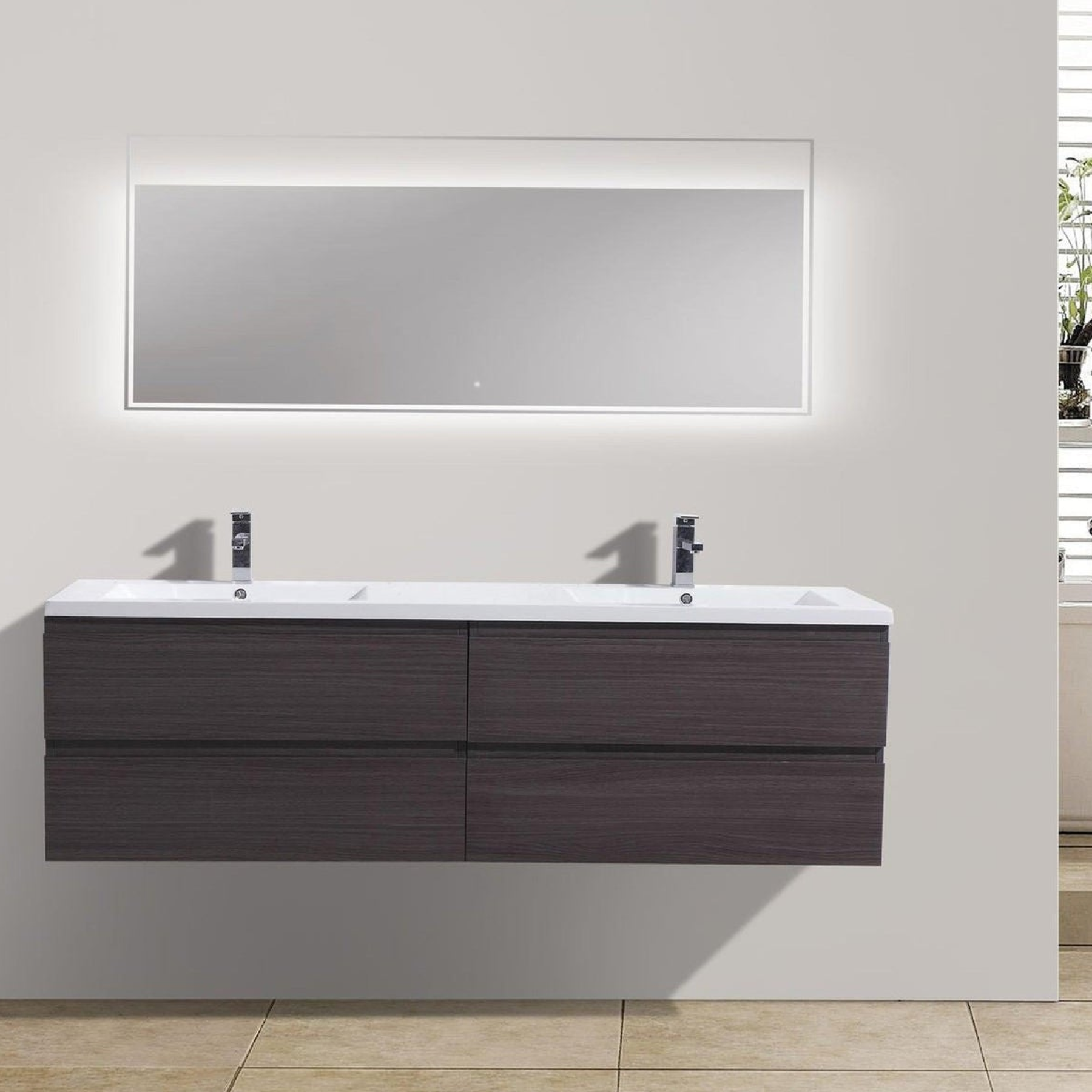Boho Elegance 72" Dark Gray Oak Wall-Mounted Vanity With Double Reinforced White Acrylic Sinks