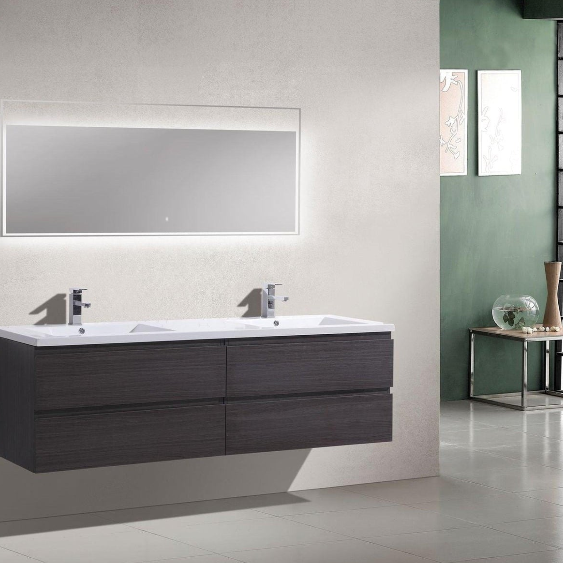 Boho Elegance 72" Dark Gray Oak Wall-Mounted Vanity With Double Reinforced White Acrylic Sinks