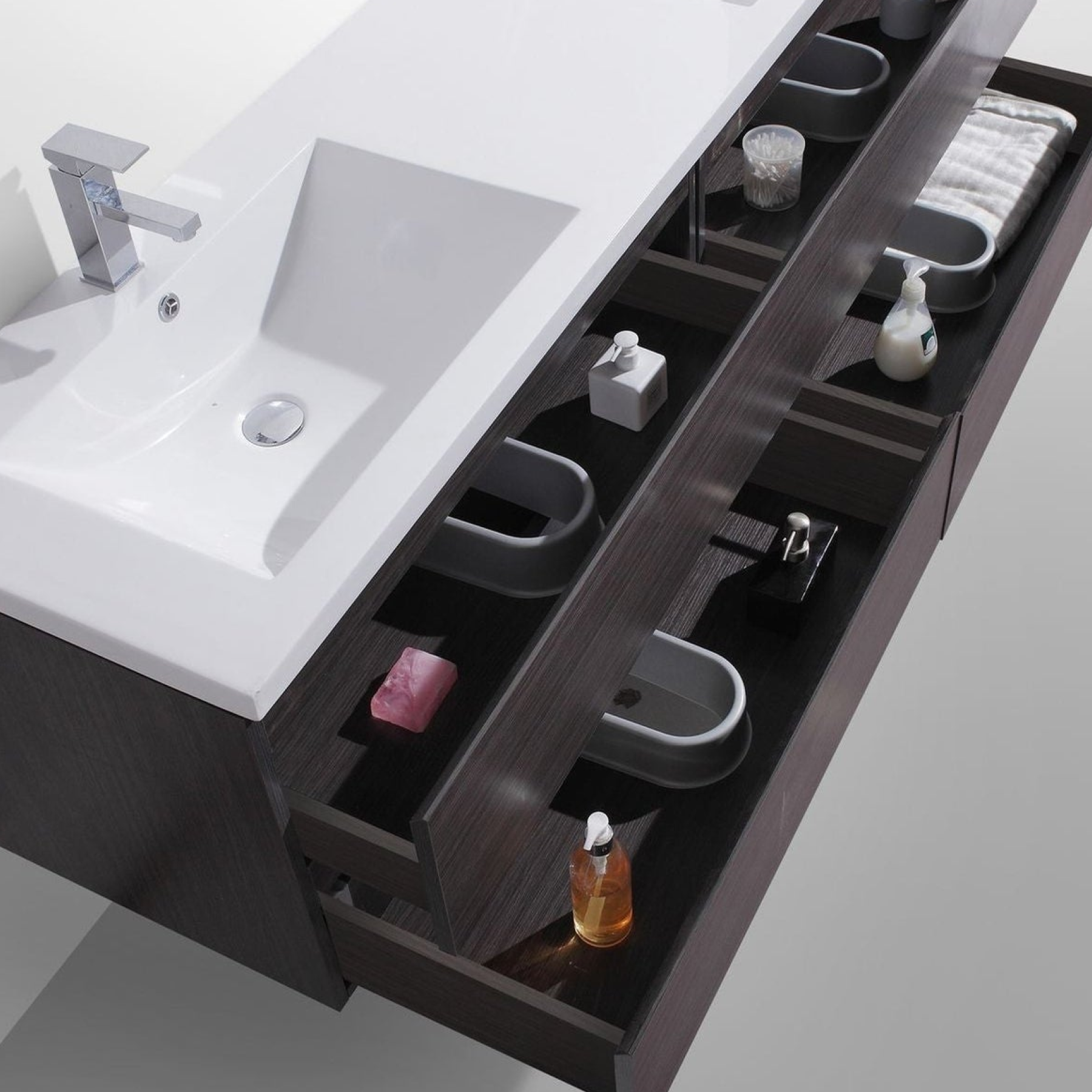 Boho Elegance 72" Dark Gray Oak Wall-Mounted Vanity With Double Reinforced White Acrylic Sinks