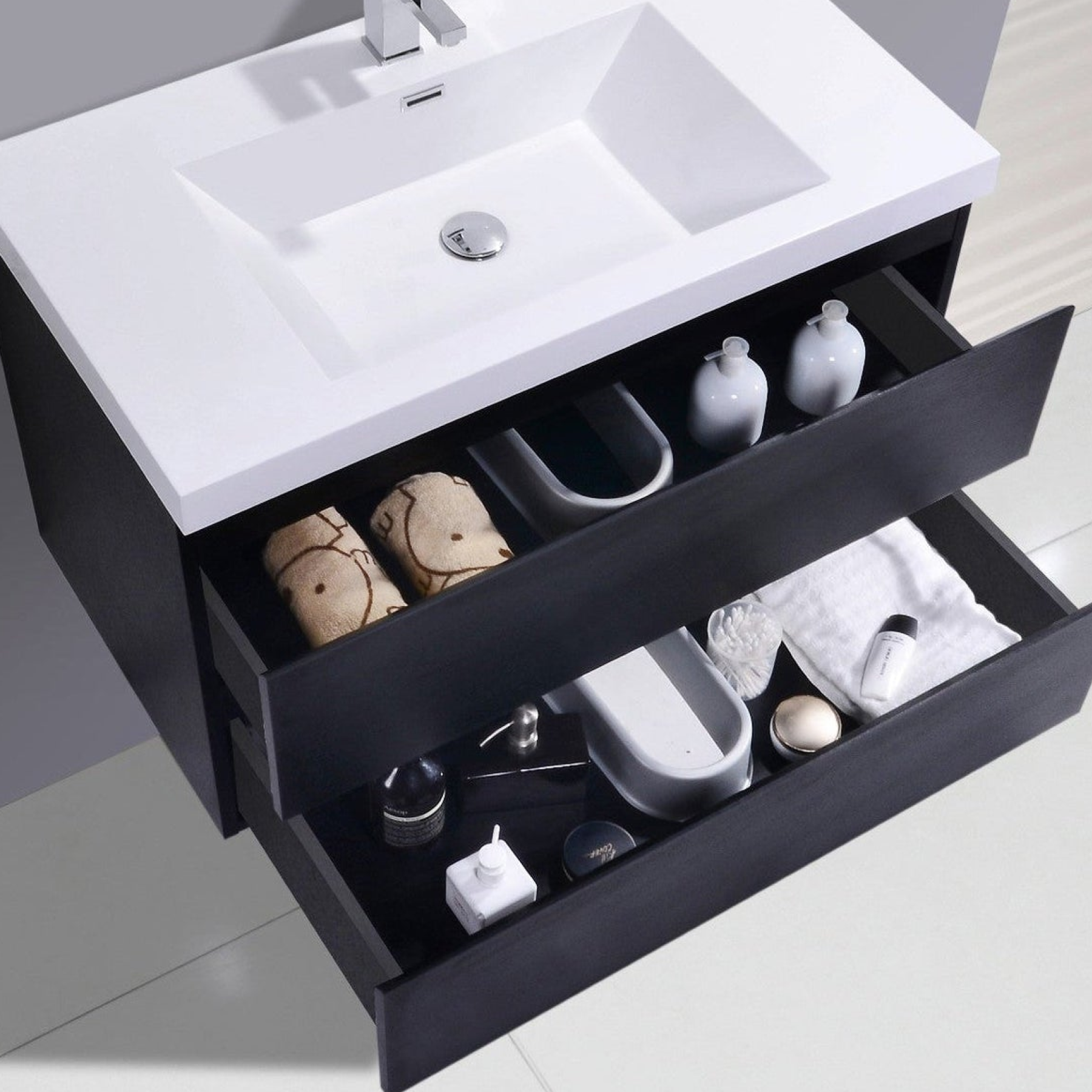 Boho Elegance 36" Rich Black Wall-Mounted Vanity With Single Reinforced White Acrylic Sink