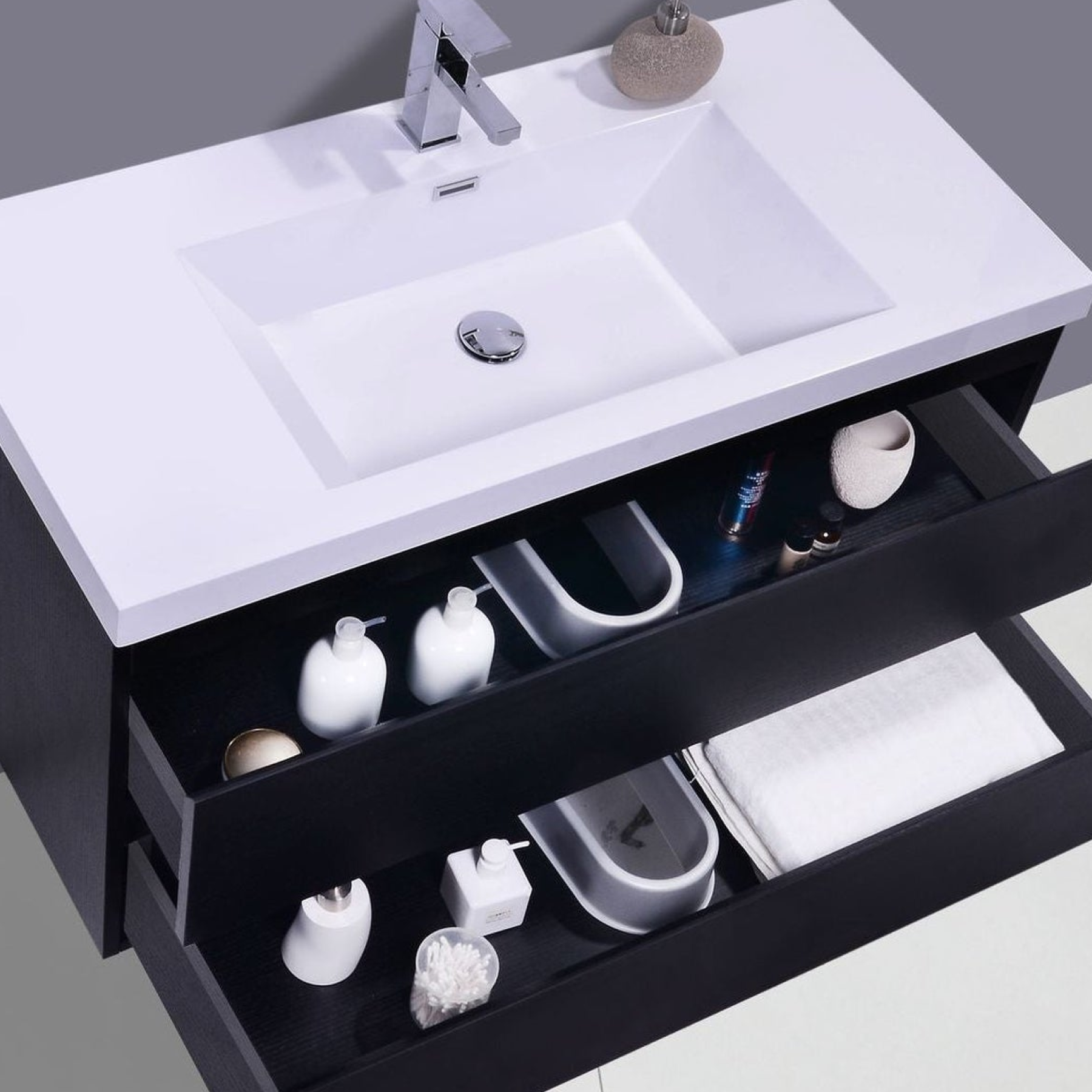 Boho Elegance 42" Rich Black Wall-Mounted Vanity With Single Reinforced White Acrylic Sink