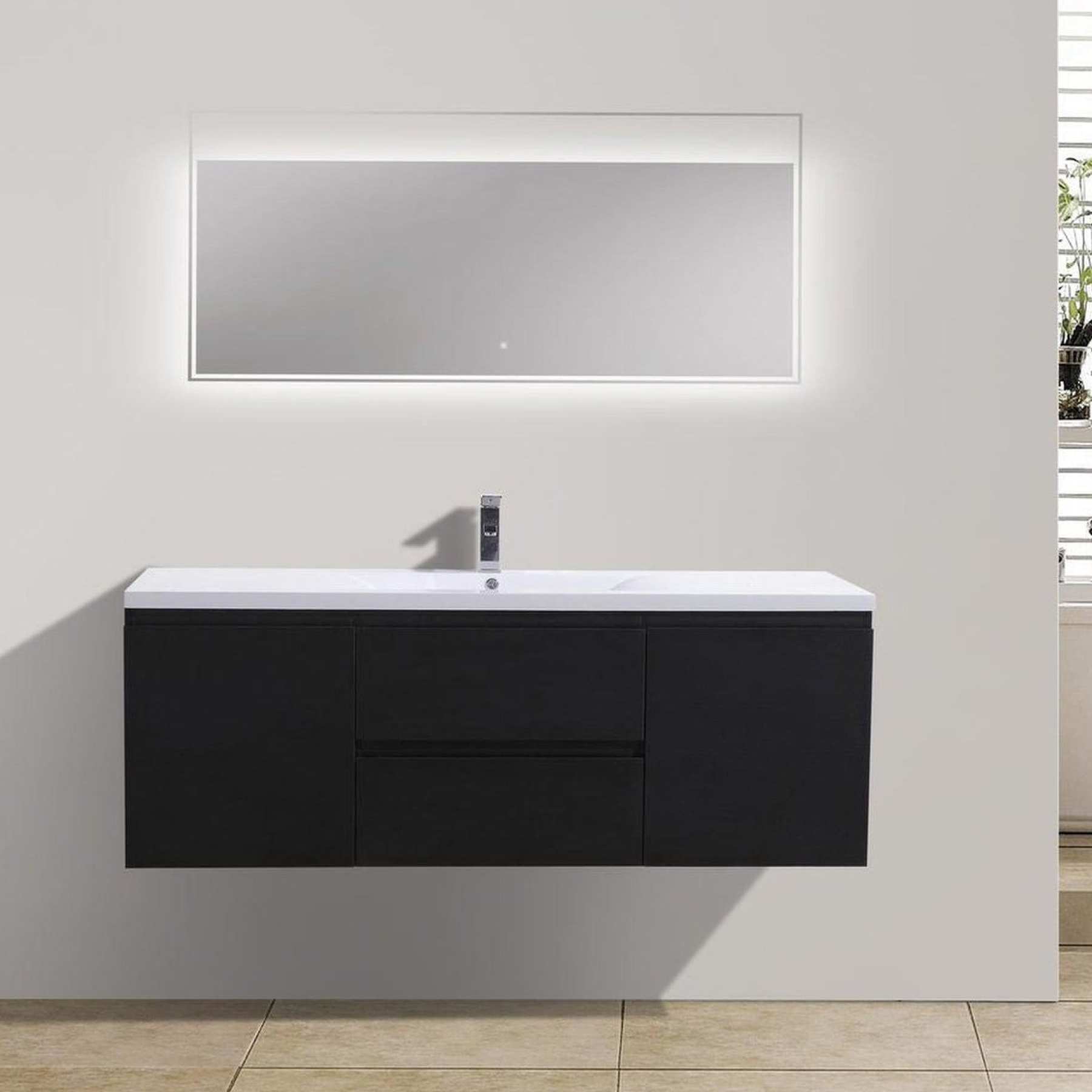 Boho Elegance 60" Rich Black Wall-Mounted Vanity With Single Reinforced White Acrylic Sink