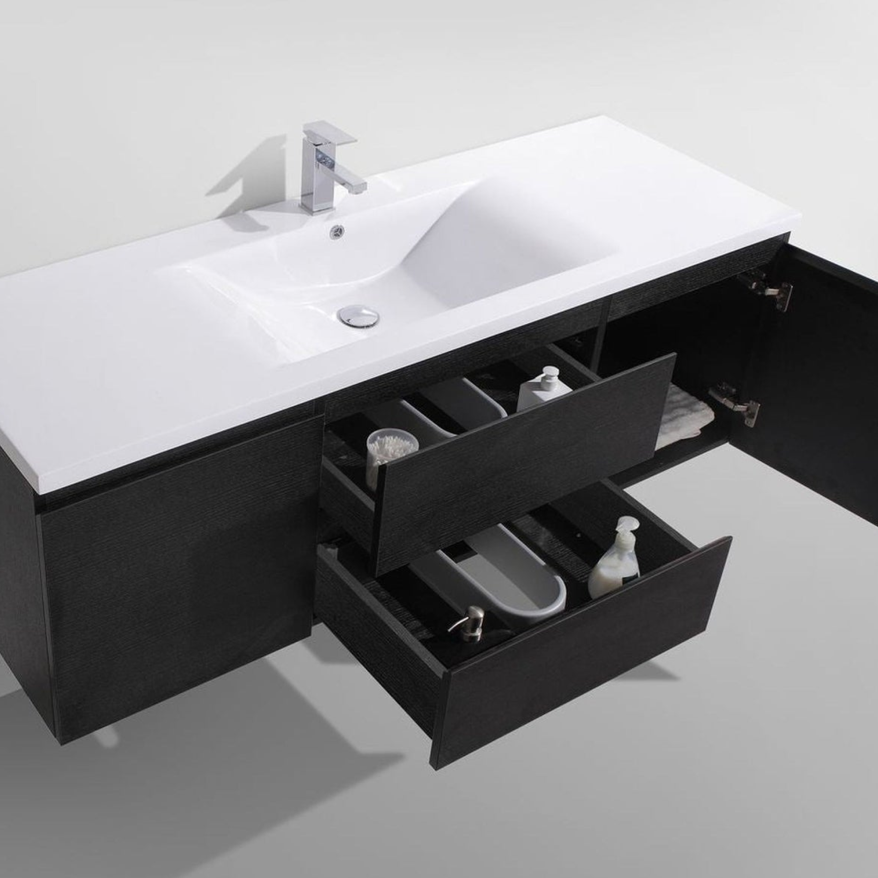 Boho Elegance 60" Rich Black Wall-Mounted Vanity With Single Reinforced White Acrylic Sink