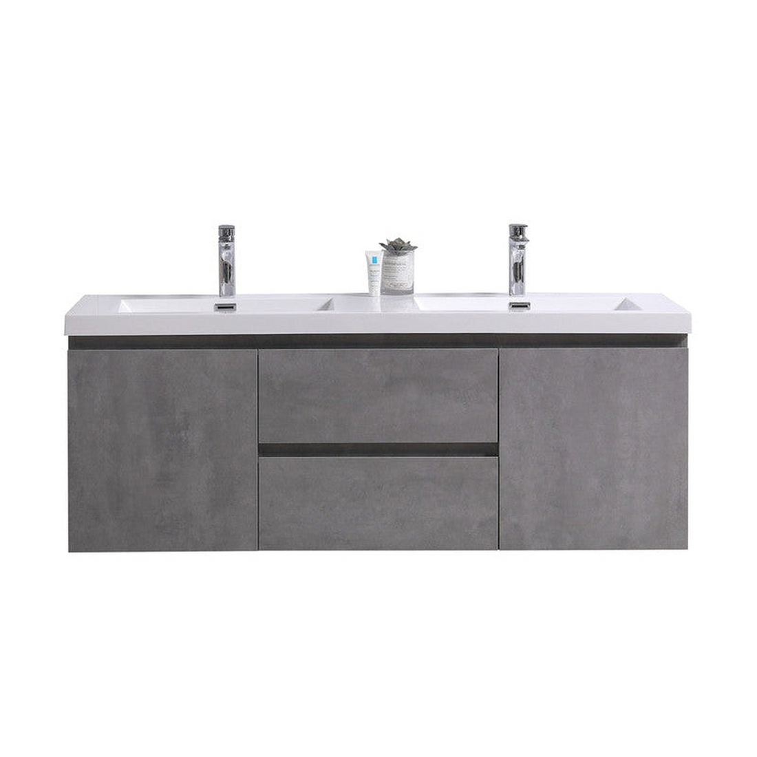 Boho Elegance 60" Cement Gray Wall-Mounted Vanity With Double Reinforced White Acrylic Sinks