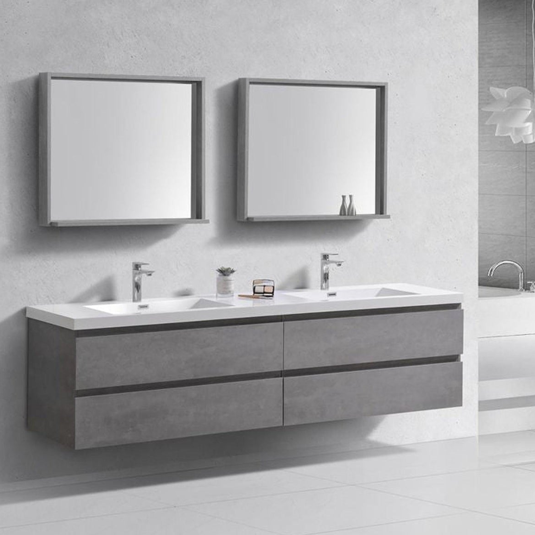 Boho Elegance 72" Cement Gray Wall-Mounted Vanity With Double Reinforced White Acrylic Sinks