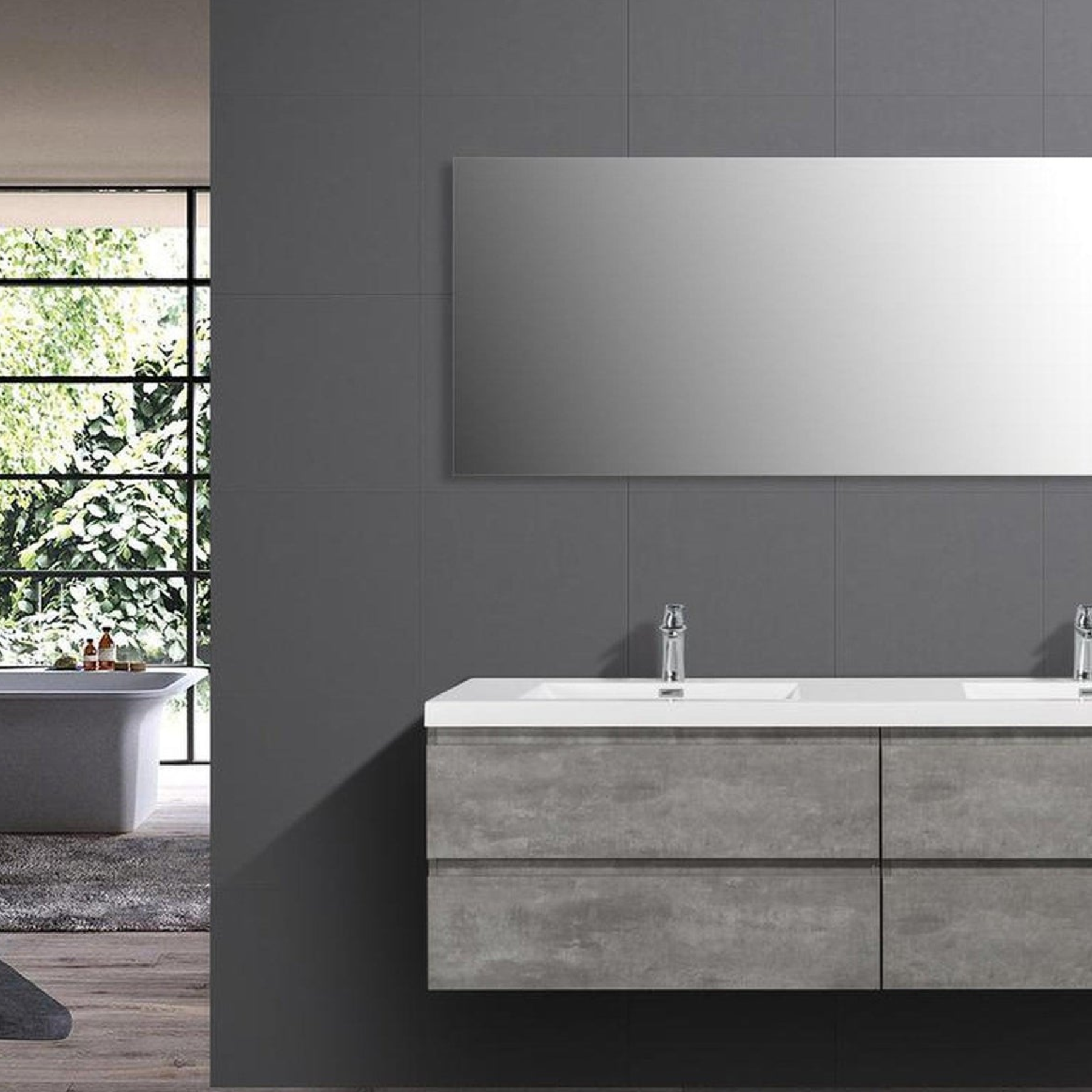 Boho Elegance 72" Cement Gray Wall-Mounted Vanity With Double Reinforced White Acrylic Sinks