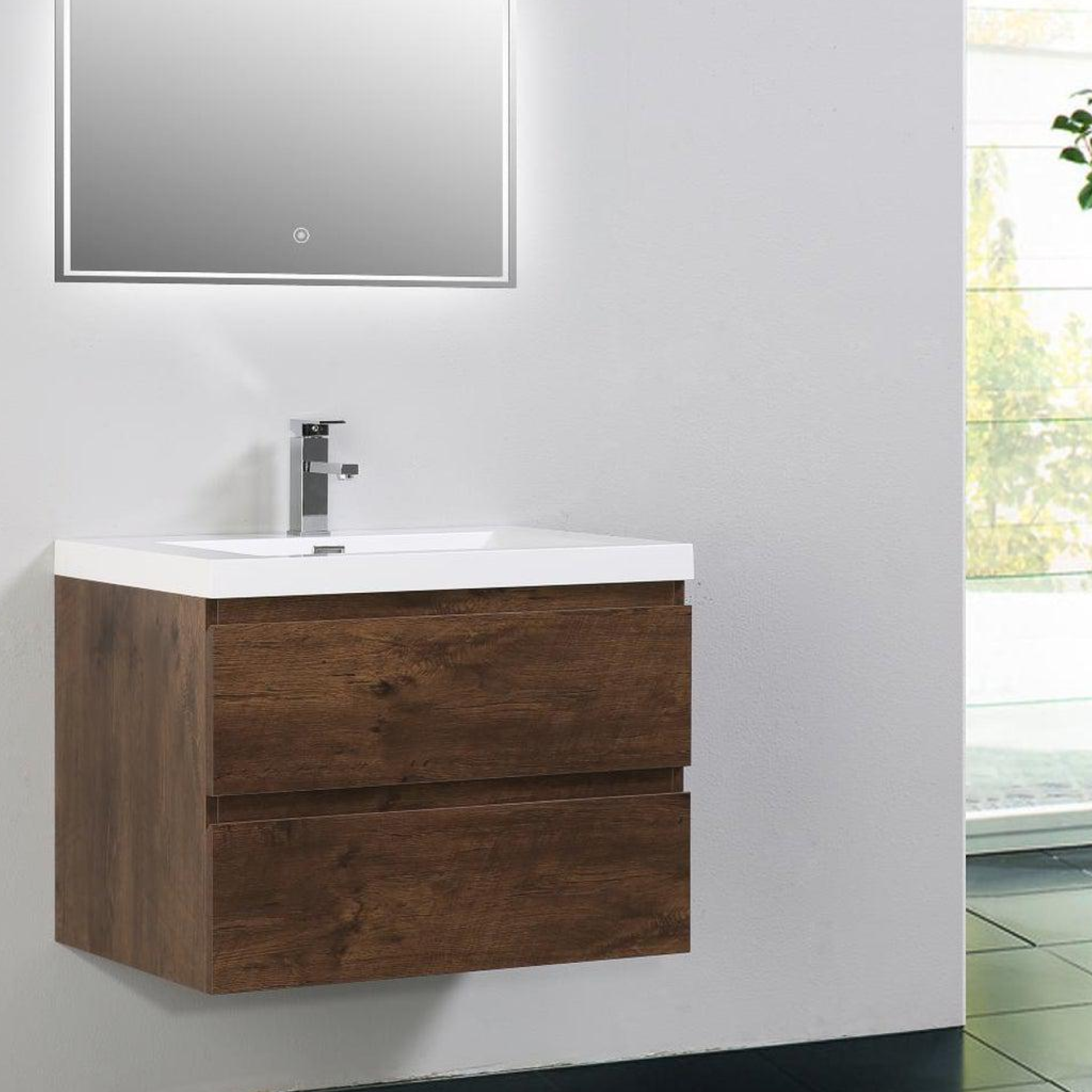 Boho Elegance 30" Rosewood Wall-Mounted Vanity With Single Reinforced White Acrylic Sink