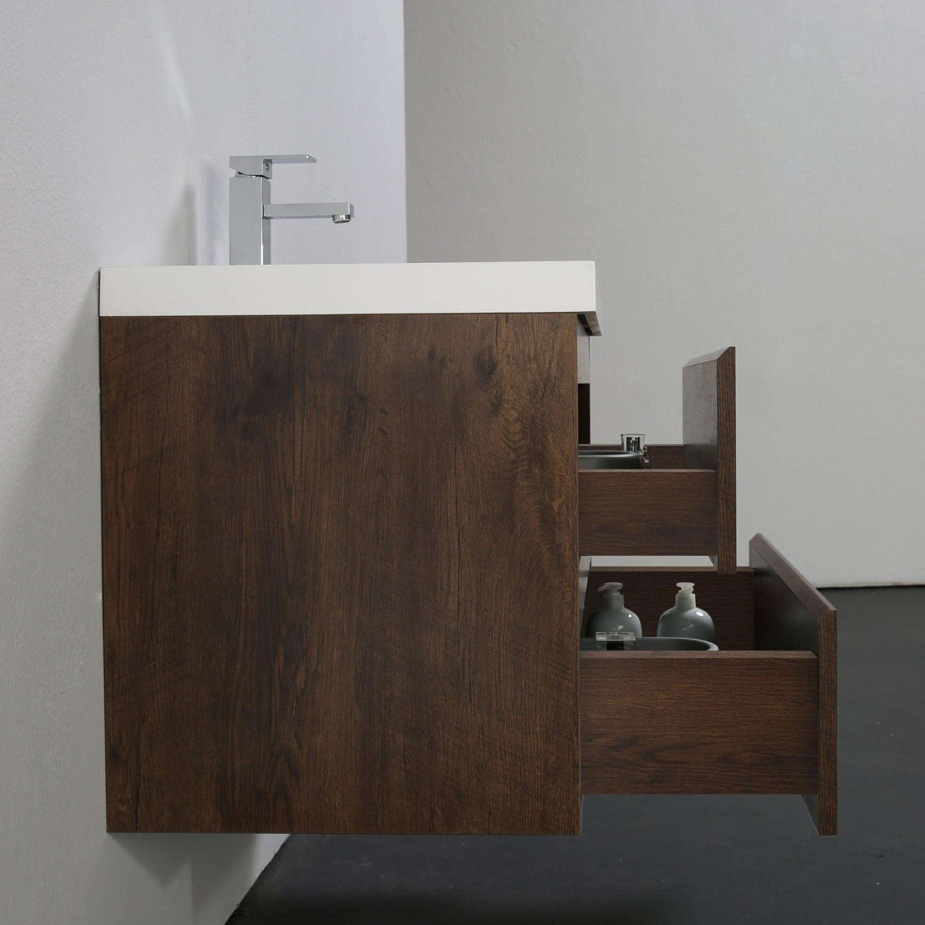 Boho Elegance 30" Rosewood Wall-Mounted Vanity With Single Reinforced White Acrylic Sink