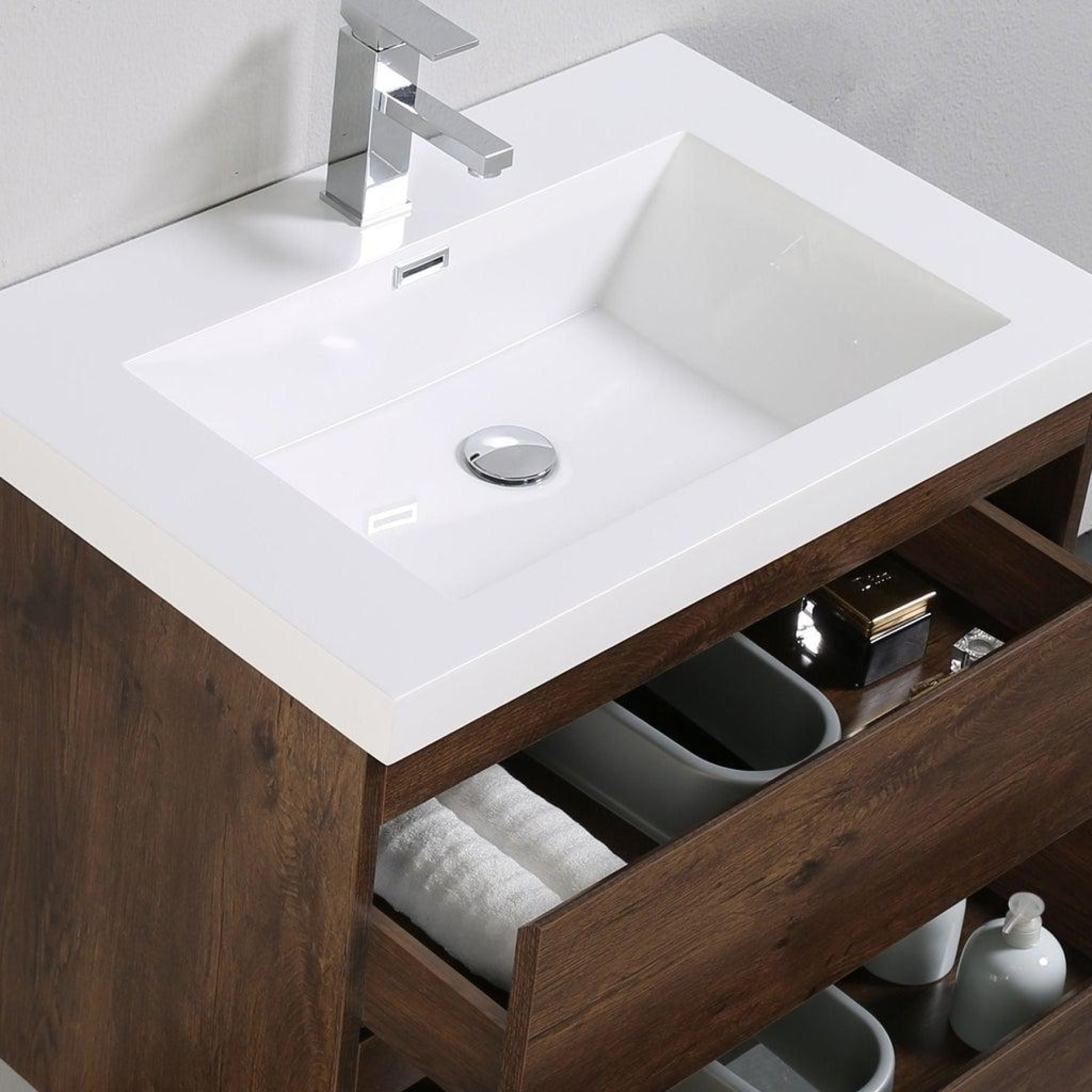 Boho Elegance 30" Rosewood Wall-Mounted Vanity With Single Reinforced White Acrylic Sink