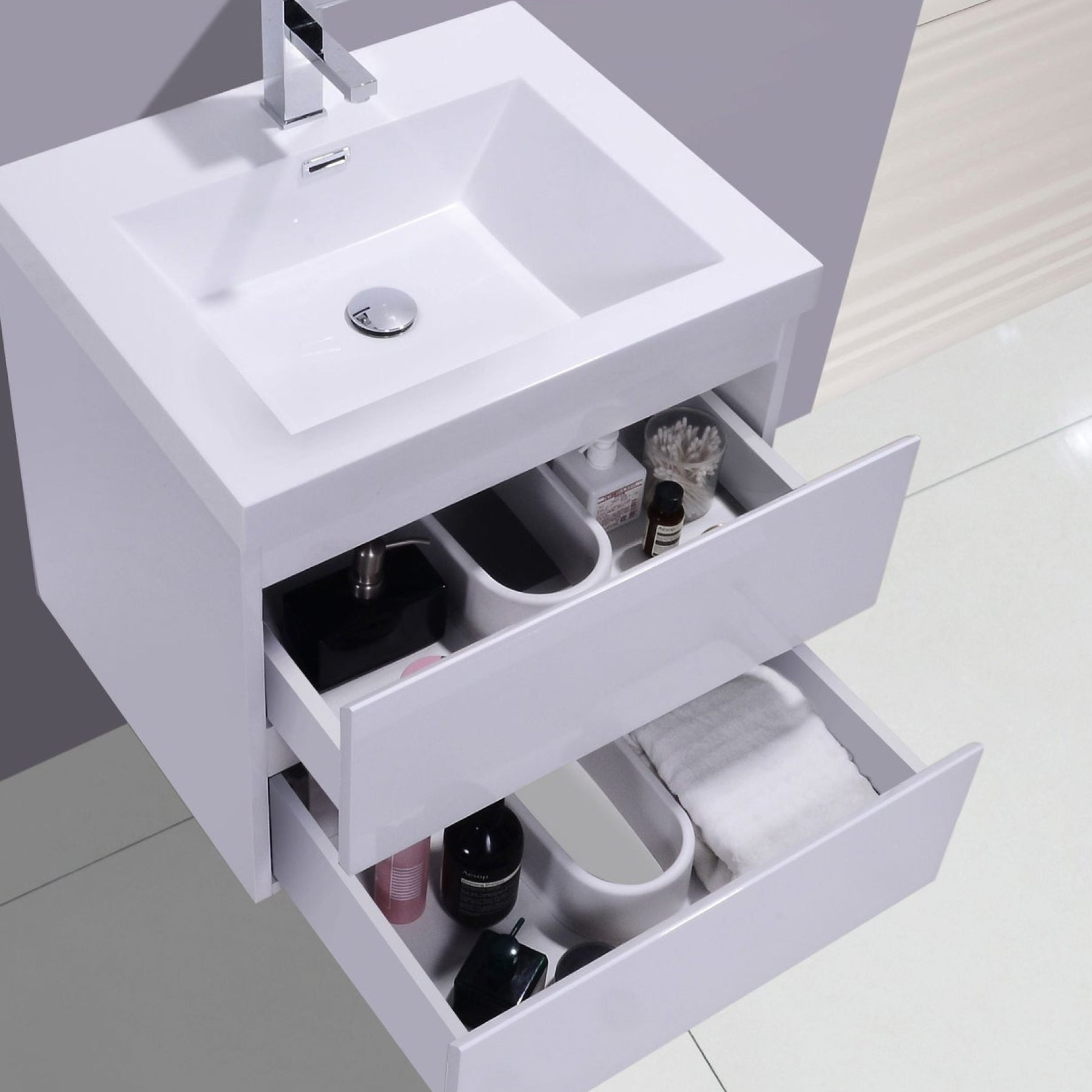 Boho Elegance 24" High Gloss White Wall-Mounted Vanity With Single Reinforced White Acrylic Sink