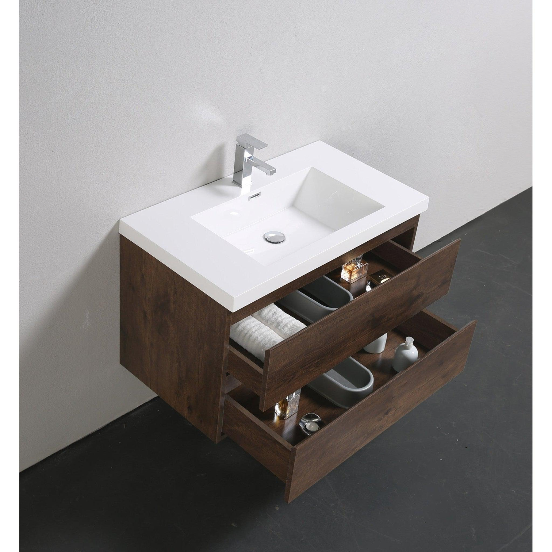 Boho Elegance 36" Rosewood Wall-Mounted Vanity With Single Reinforced White Acrylic Sink