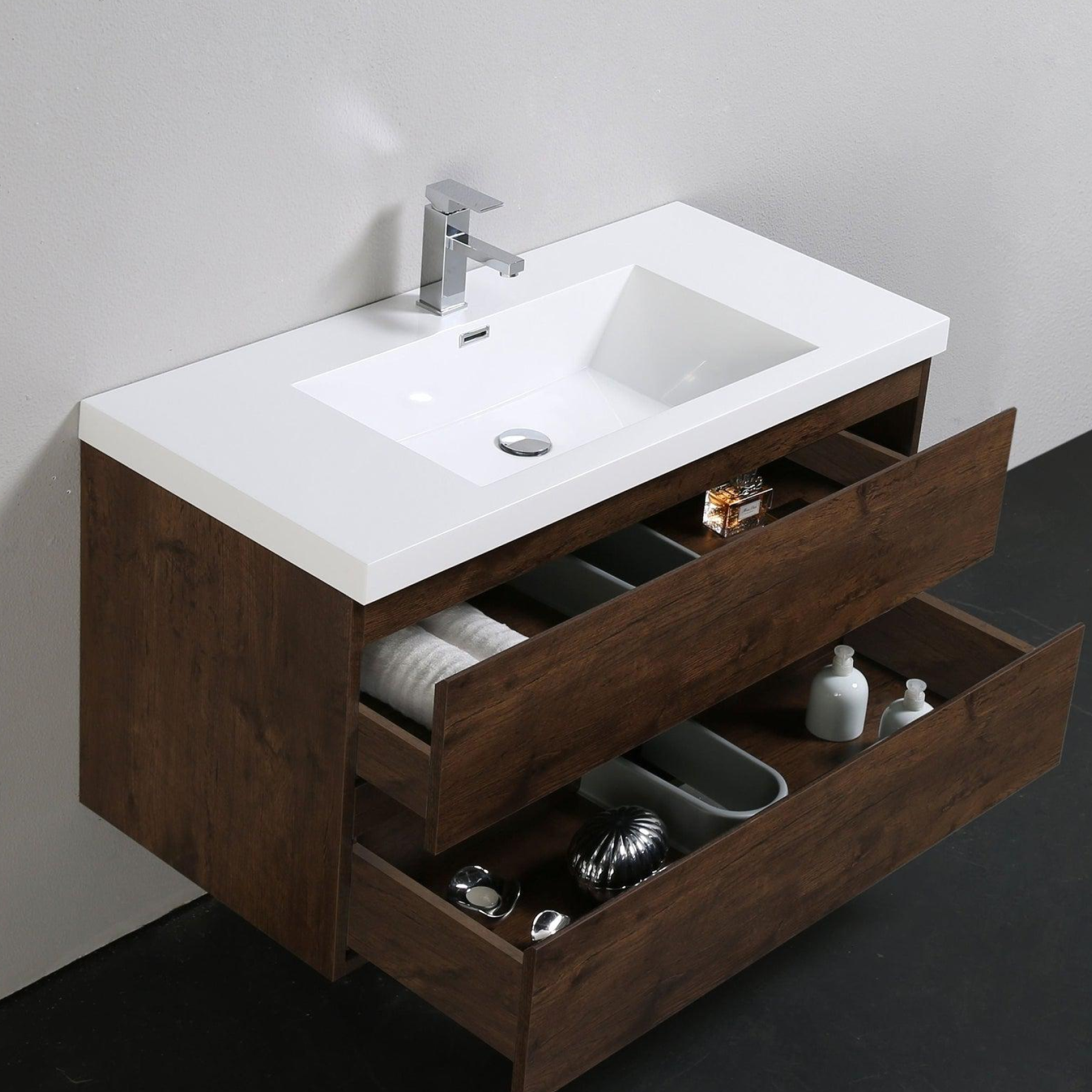 Boho Elegance 42" Rosewood Wall-Mounted Vanity With Single Reinforced White Acrylic Sink