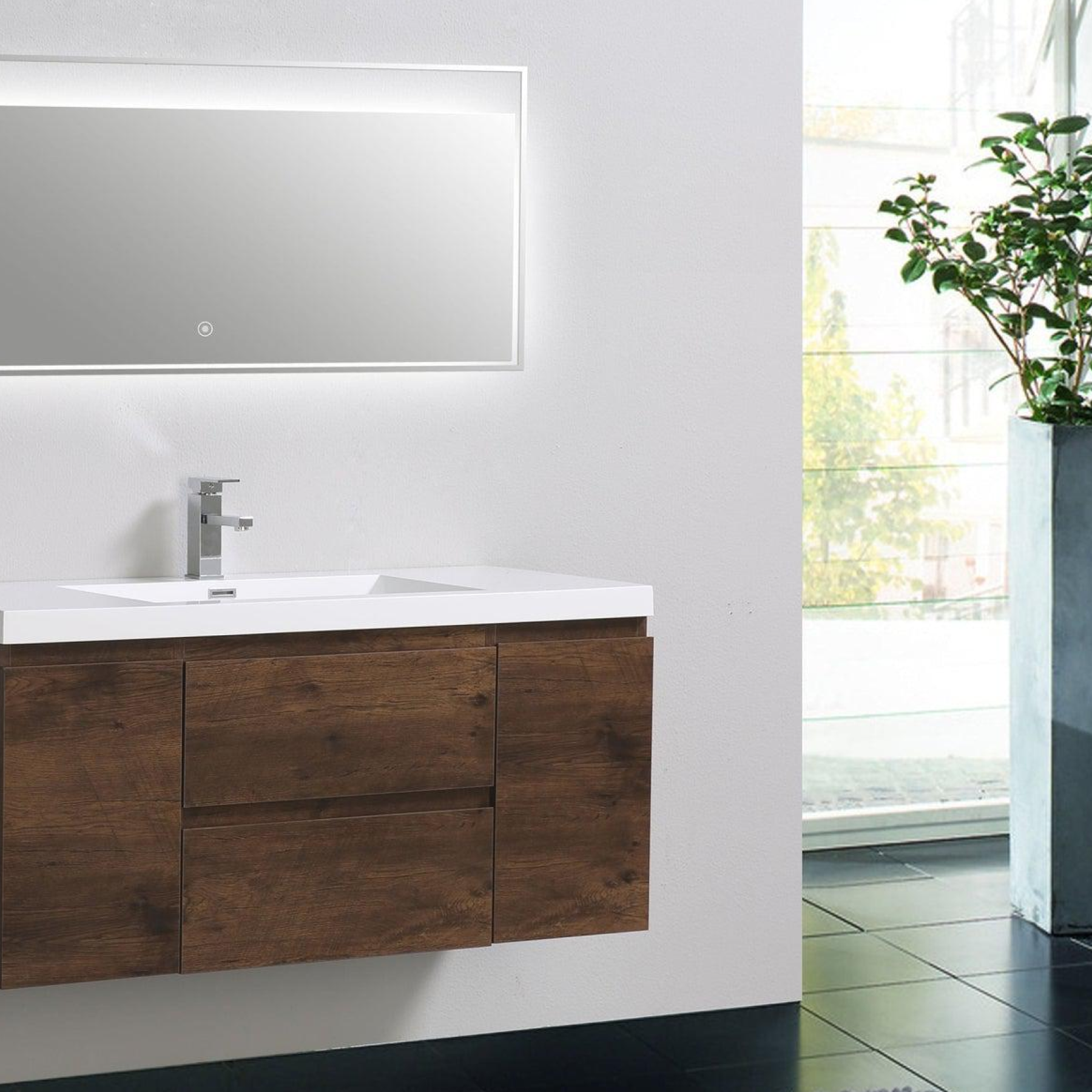 Boho Elegance 48" Rosewood Wall-Mounted Vanity With Single Reinforced White Acrylic Sink