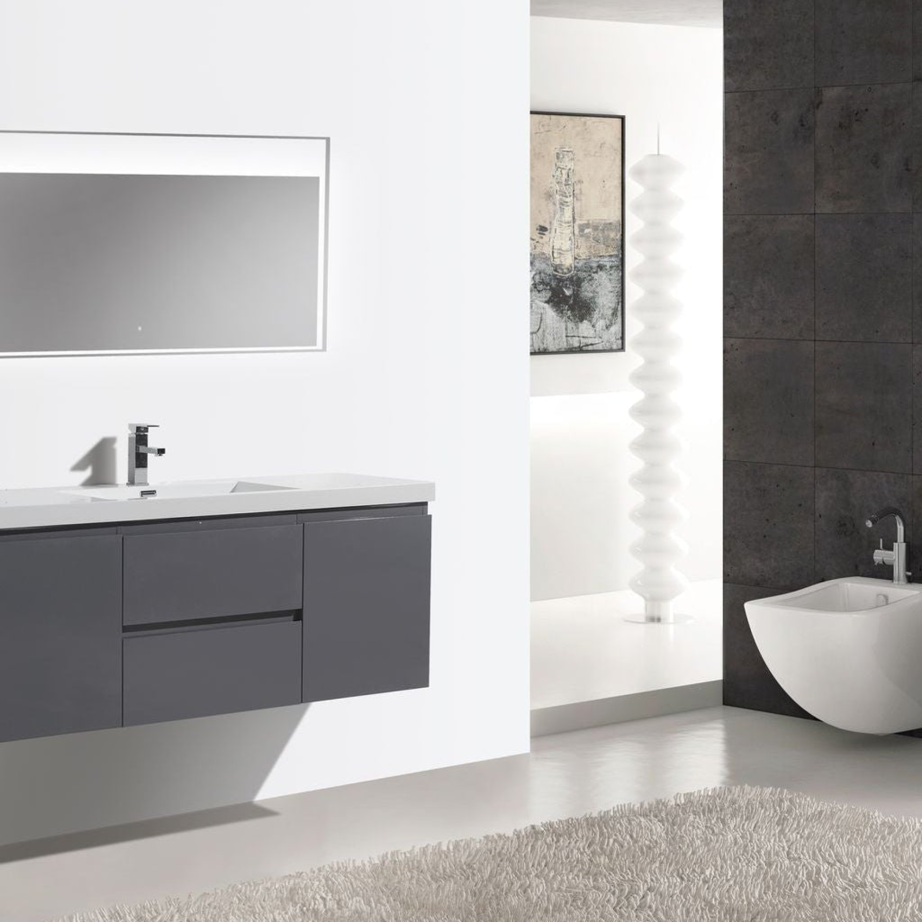 Boho Elegance 60" High Gloss Gray Wall-Mounted Vanity With Single Reinforced White Acrylic Sink