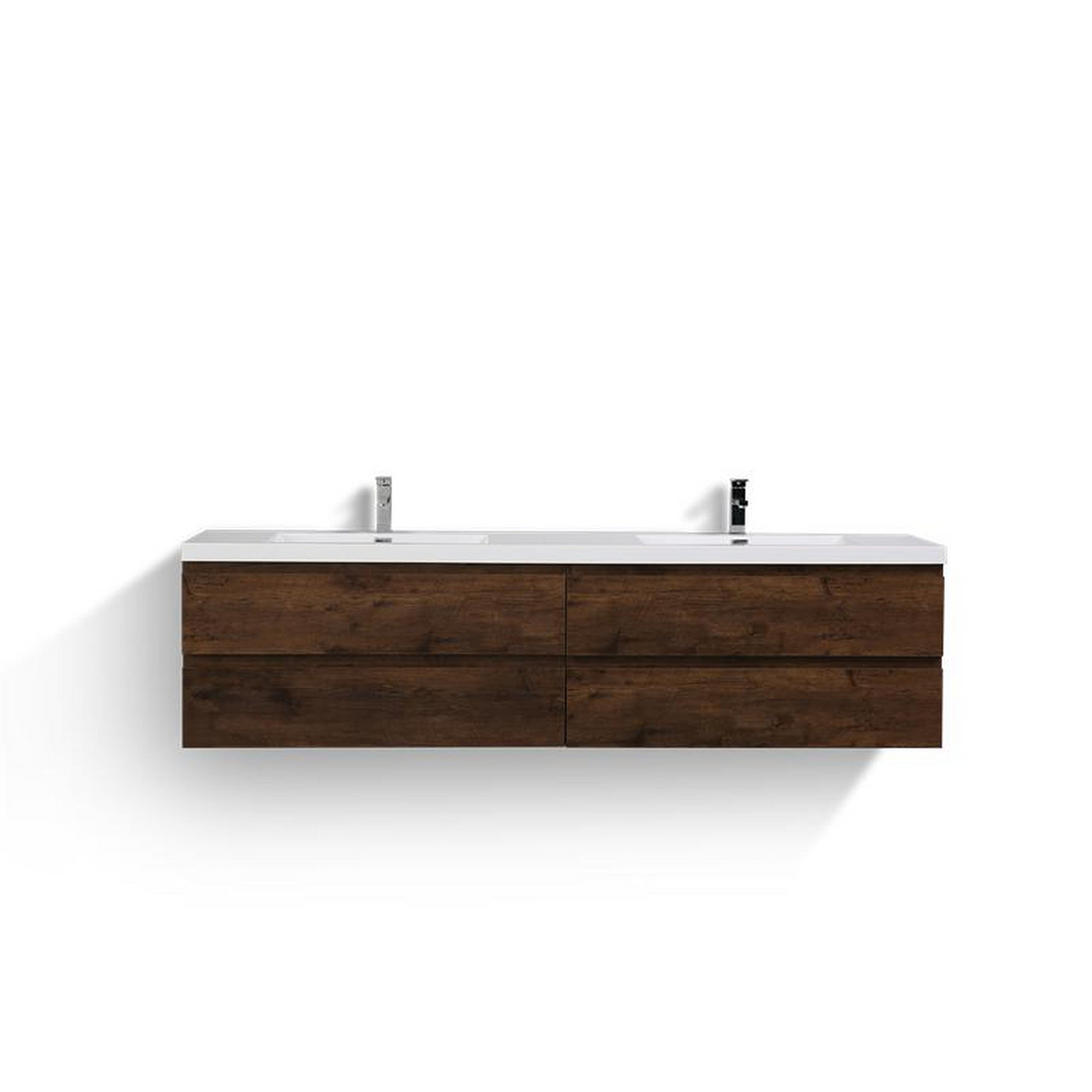 Boho Elegance 84" Rosewood Wall-Mounted Vanity With Double Reinforced White Acrylic Sinks