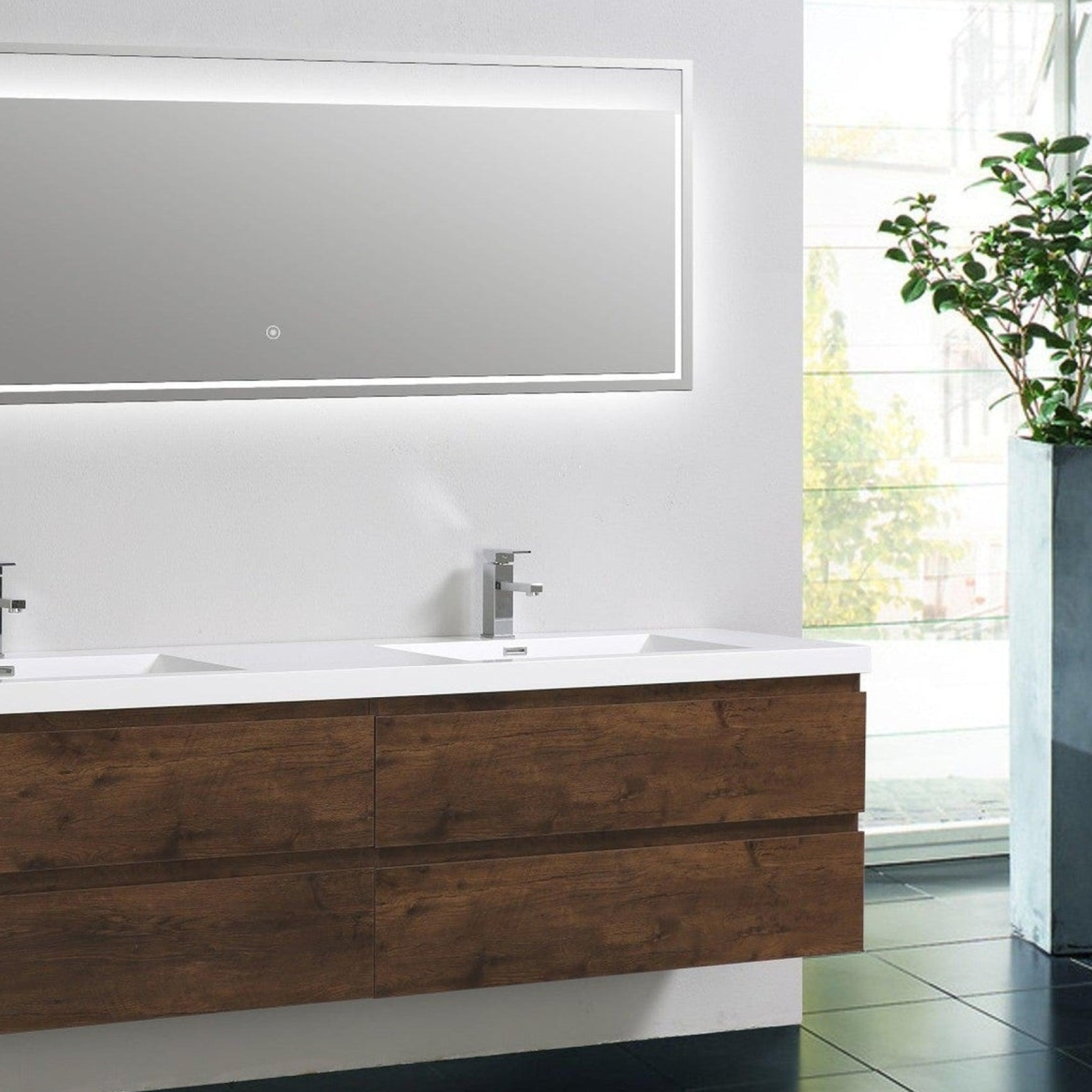 Boho Elegance 84" Rosewood Wall-Mounted Vanity With Double Reinforced White Acrylic Sinks