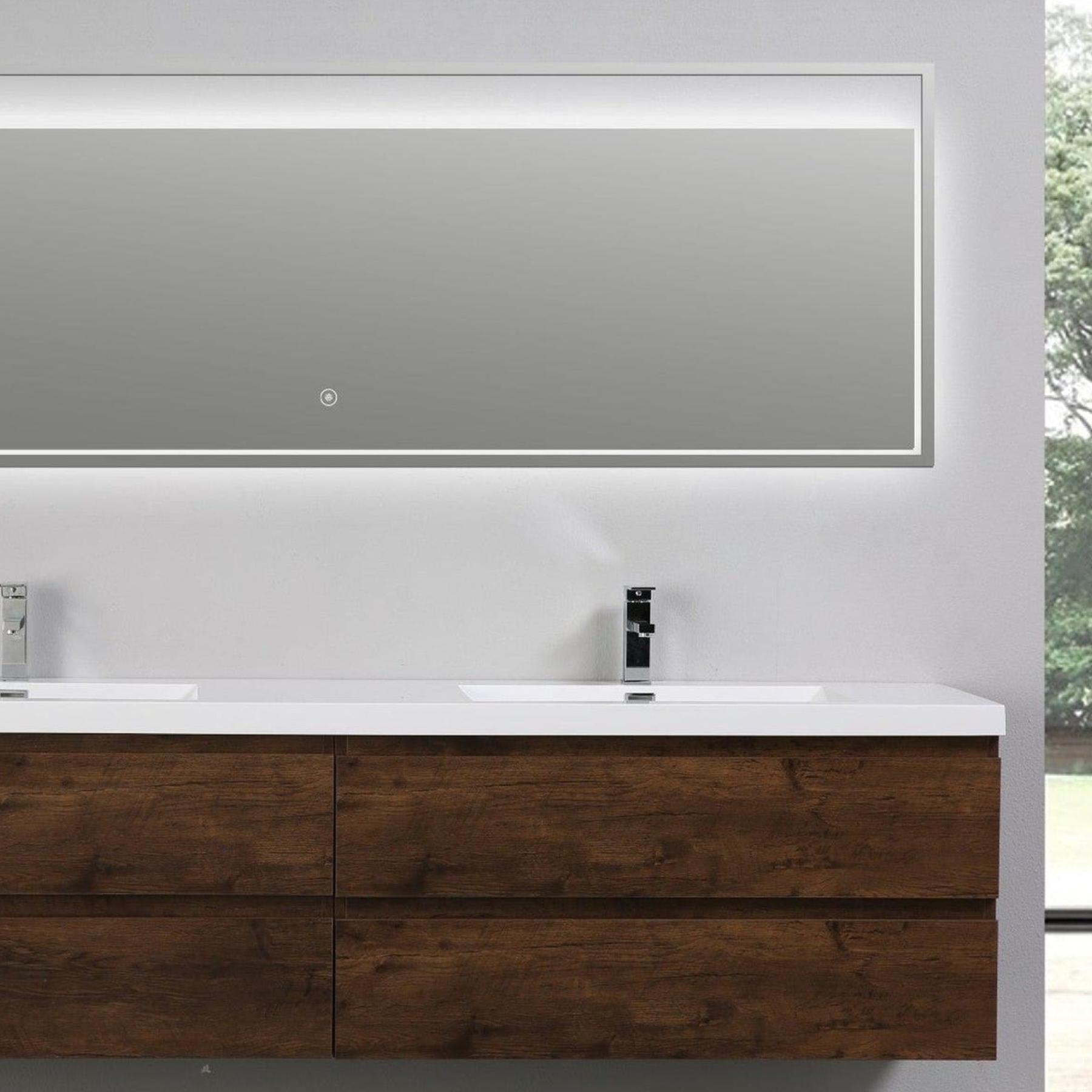 Boho Elegance 84" Rosewood Wall-Mounted Vanity With Double Reinforced White Acrylic Sinks